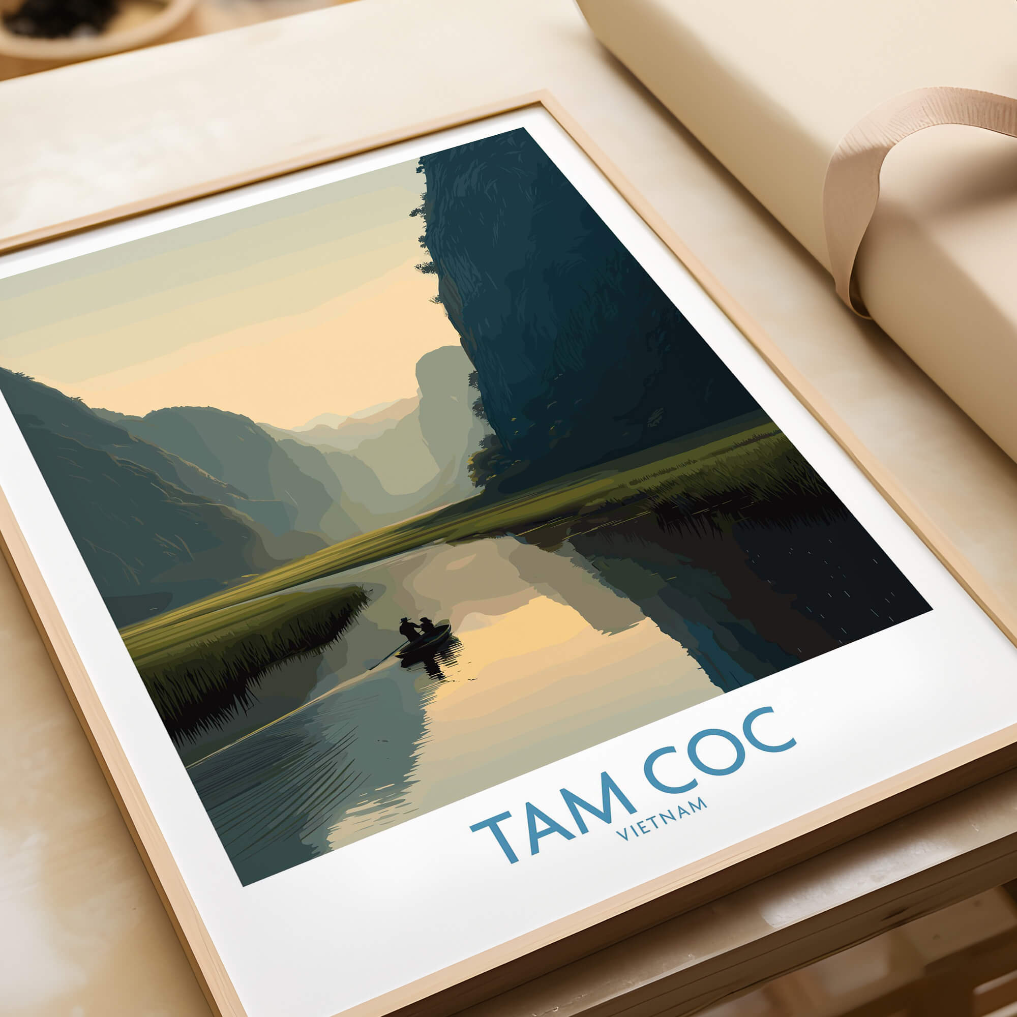 Tam Coc Vietnam Canvas Print | Scenic Boat Ride Landscape Poster featuring reflective waterways and limestone karsts.