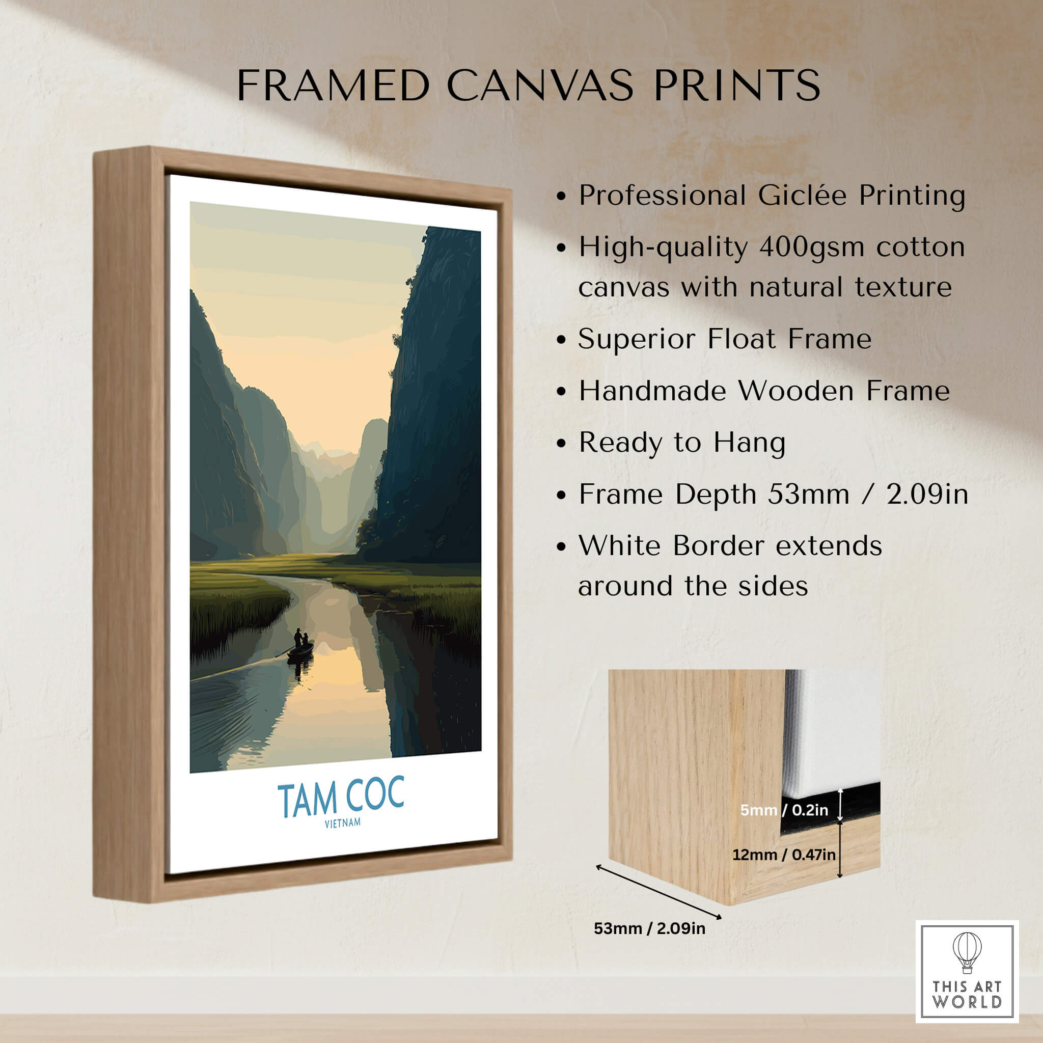Tam Coc Vietnam Canvas Print | Scenic Boat Ride Landscape Poster framed print showcasing stunning artwork and natural textures.