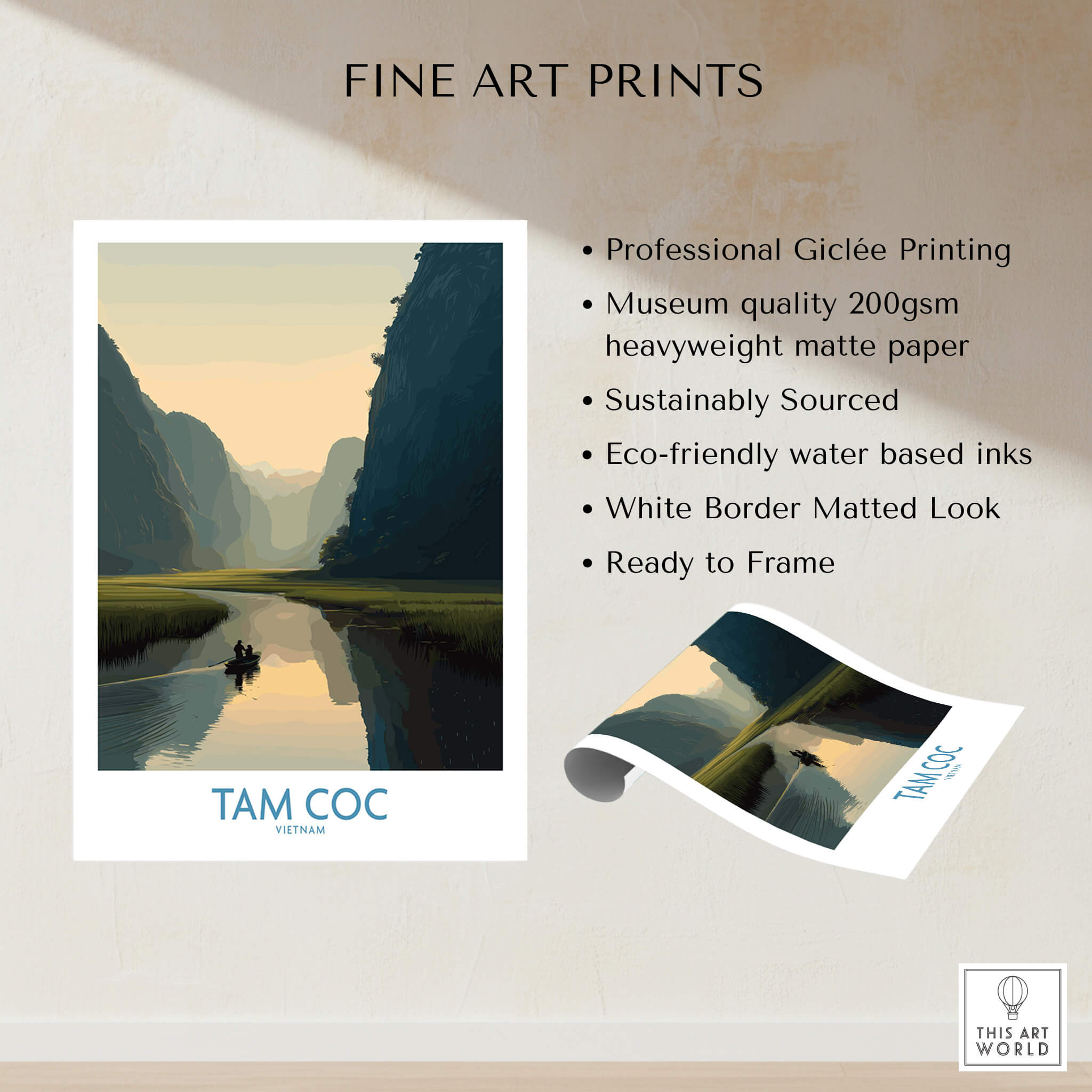 Tam Coc Vietnam Canvas Print | Scenic Boat Ride Landscape Poster showcasing serene waters and limestone karsts