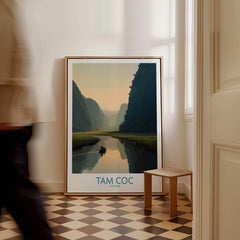 Tam Coc Vietnam Canvas Print | Scenic Boat Ride Landscape Poster framed on wall in a stylish interior setting.