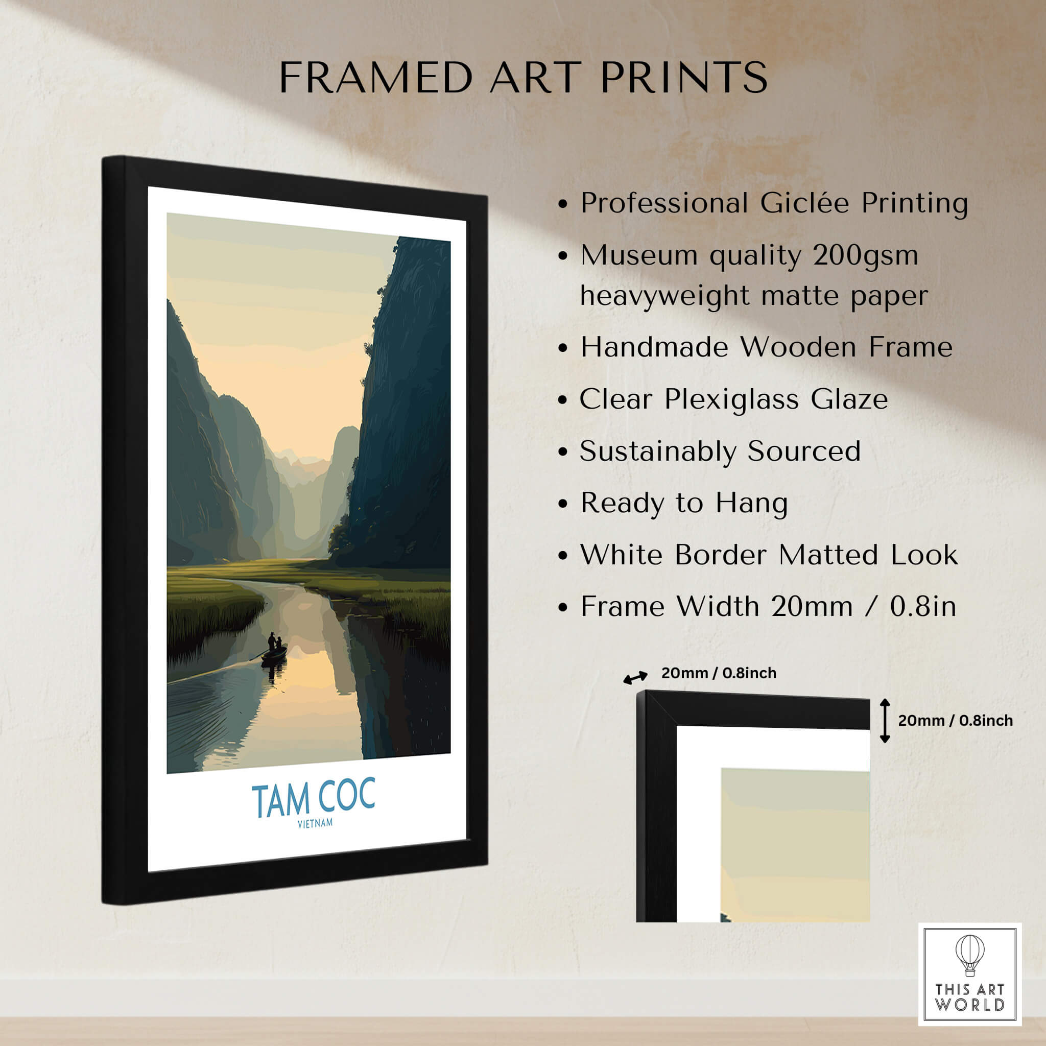 Tam Coc Vietnam Canvas Print | Scenic Boat Ride Landscape Poster framed art print showcasing serene Tam Coc waterways.