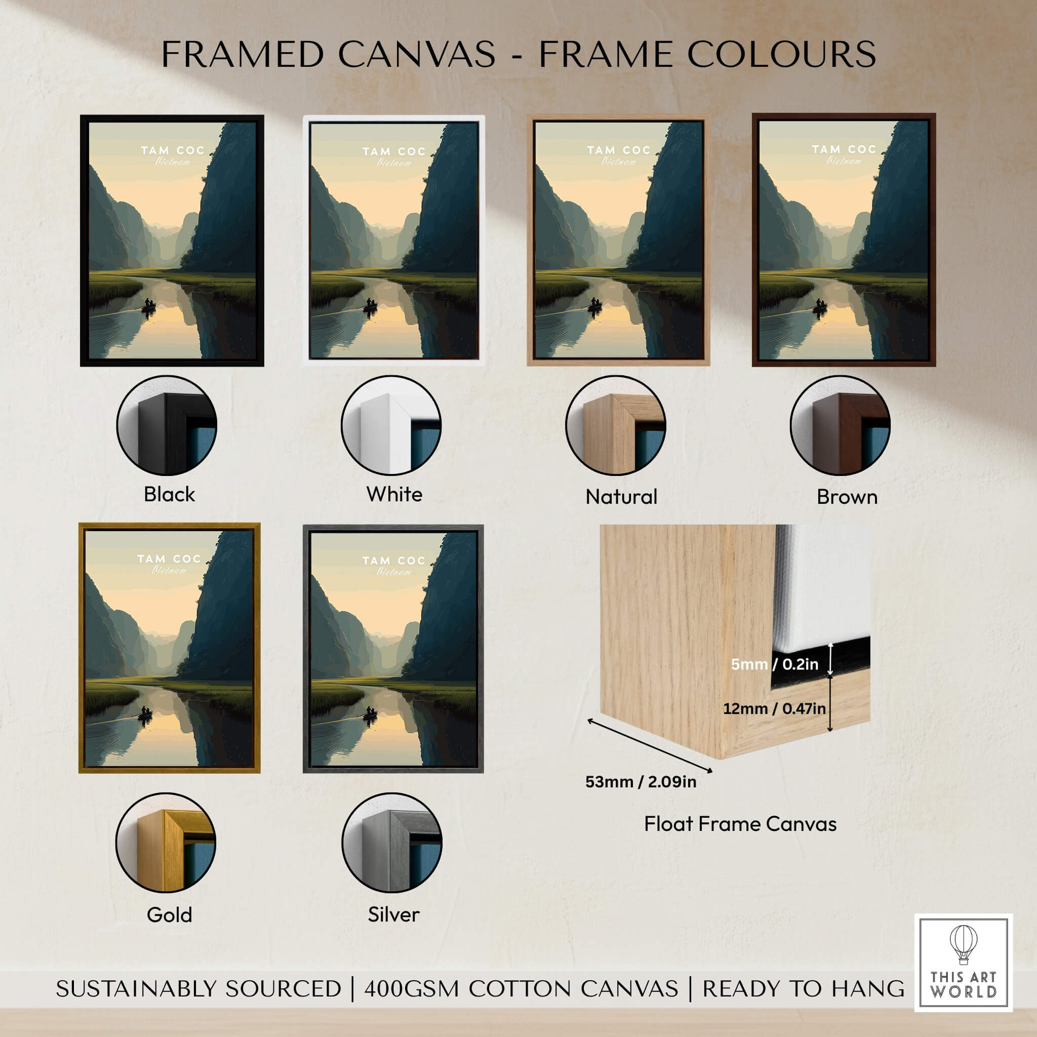 Tam Coc Vietnam Travel Poster | Limestone Karst River Wall Art Print framed in various colors including black, white, natural, and brown.