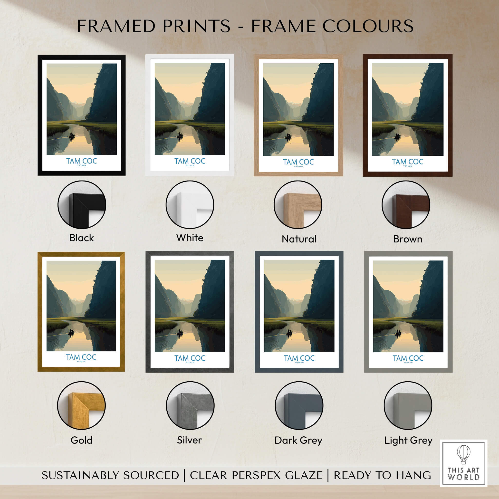 Framed prints in various colors featuring Tam Coc Vietnam Canvas Print | Scenic Boat Ride Landscape Poster.