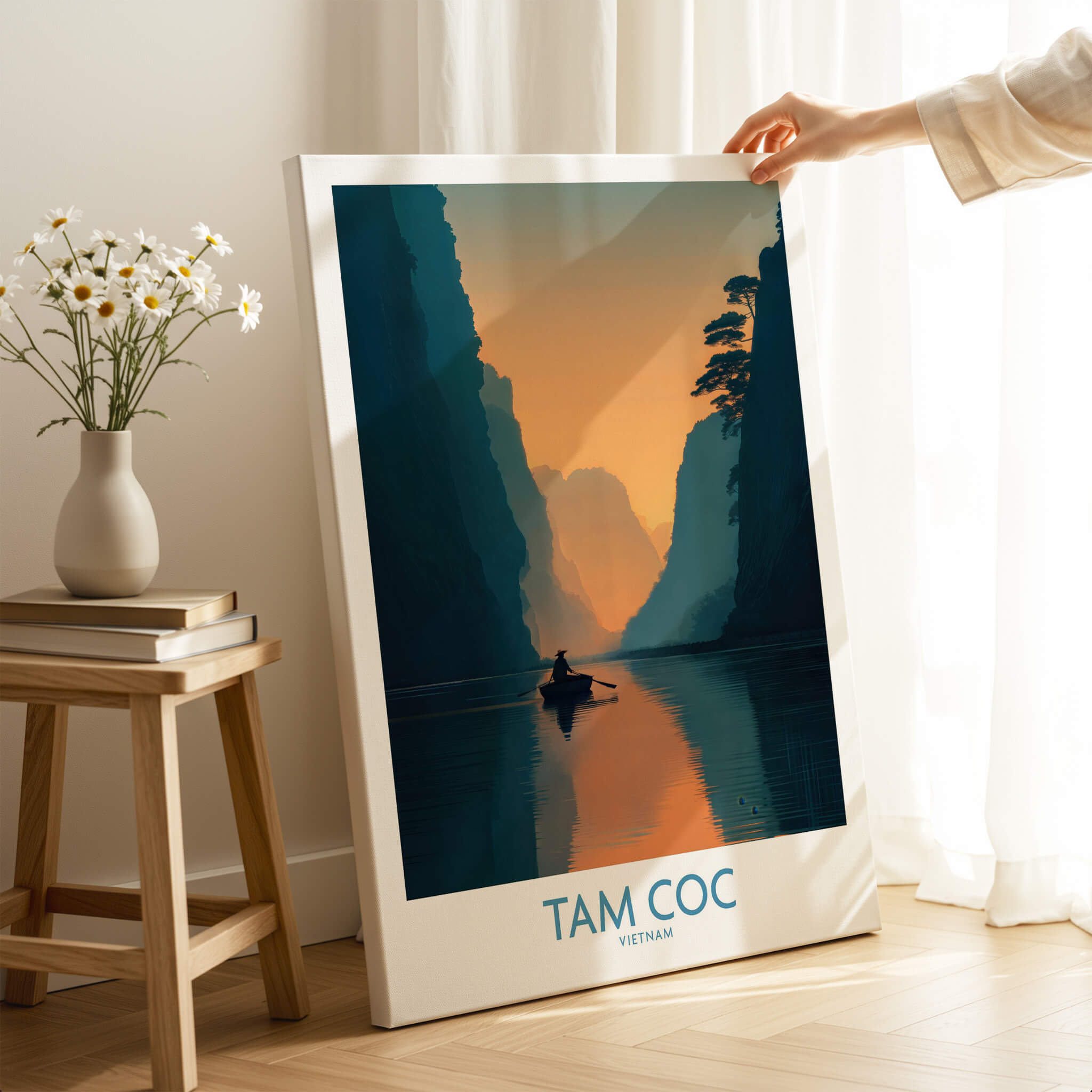 Tam Coc Vietnam Poster | Sunset Mountain Gorge Landscape Canvas Print showcasing a serene river scene at sunset.