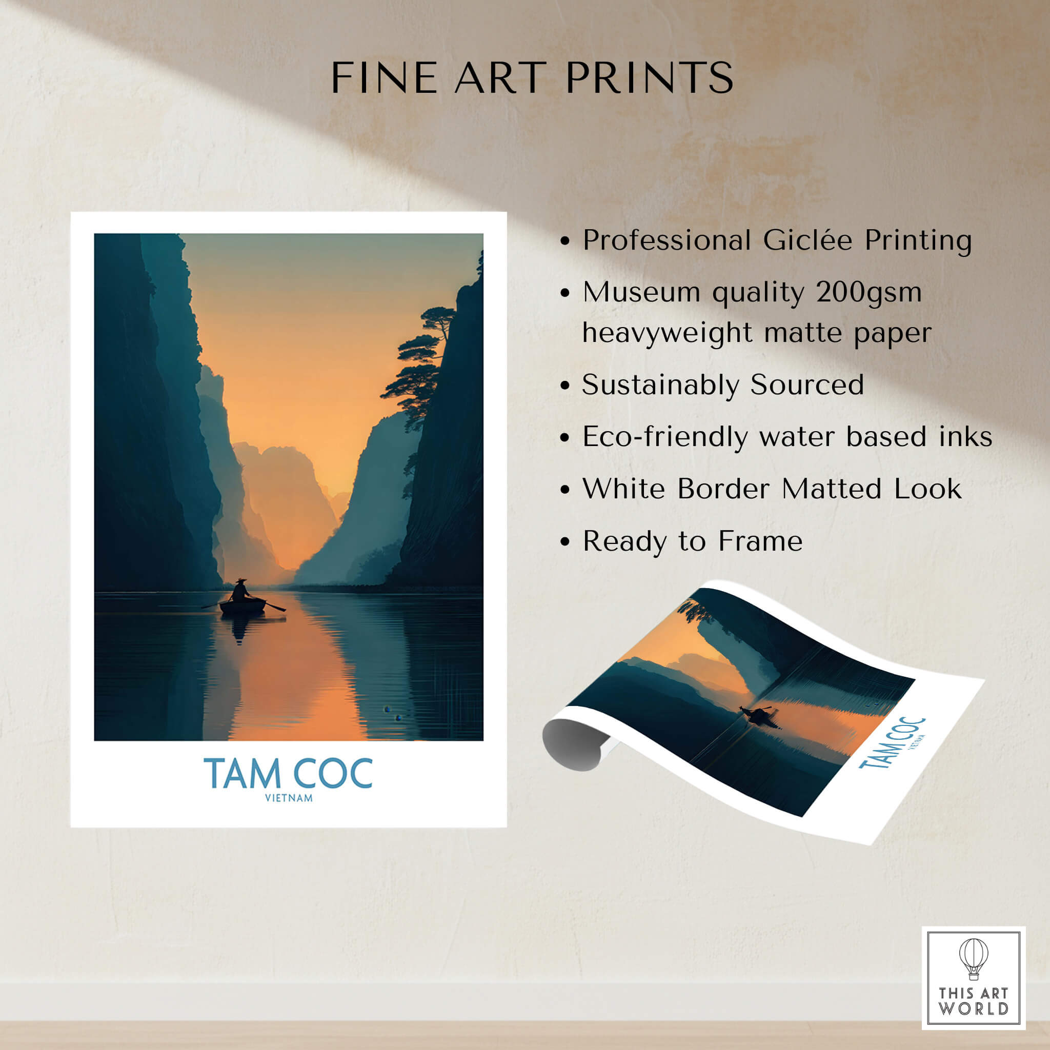 Tam Coc Vietnam Poster | Sunset Mountain Gorge Landscape Canvas Print showcasing fine art prints and professional Giclée printing details.