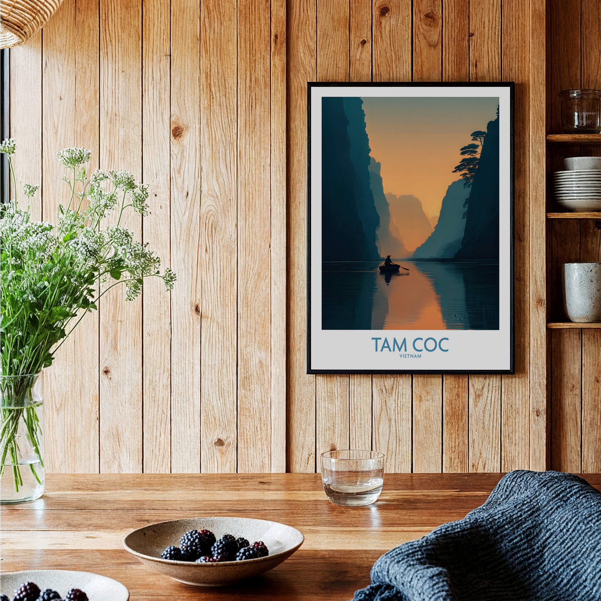 Tam Coc Vietnam Poster | Sunset Mountain Gorge Landscape Canvas Print showcasing serene gorges and tranquil waters.