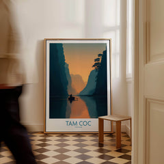 Tam Coc Vietnam Poster | Sunset Mountain Gorge Landscape Canvas Print featuring a scenic view of a boat in a tranquil gorge.