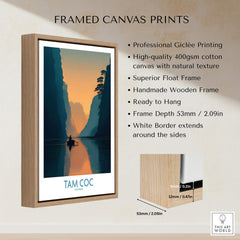 Tam Coc Vietnam Poster | Sunset Mountain Gorge Landscape Canvas Print featuring framed giclée print on display.