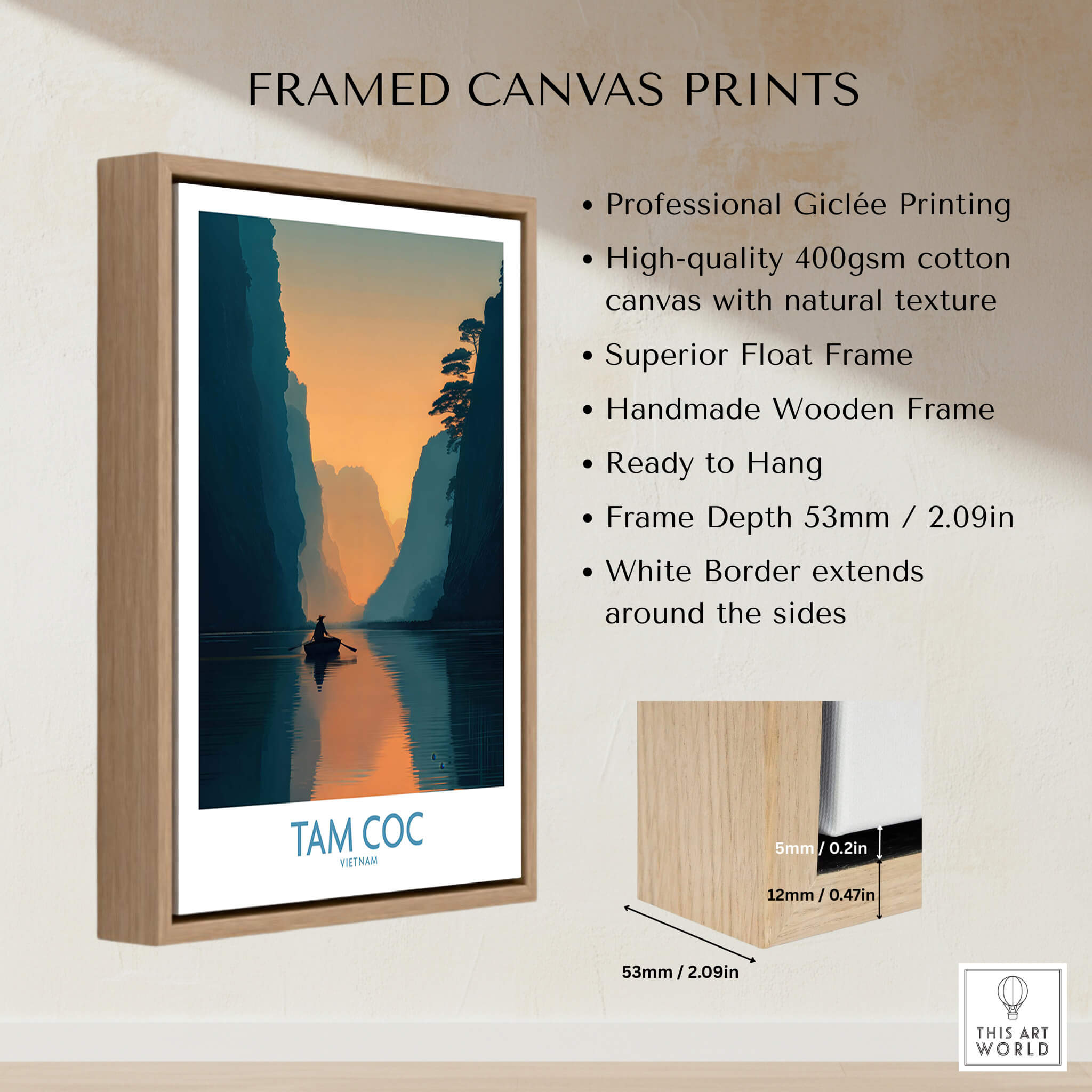 Tam Coc Vietnam Poster | Sunset Mountain Gorge Landscape Canvas Print featuring framed giclée print on display.