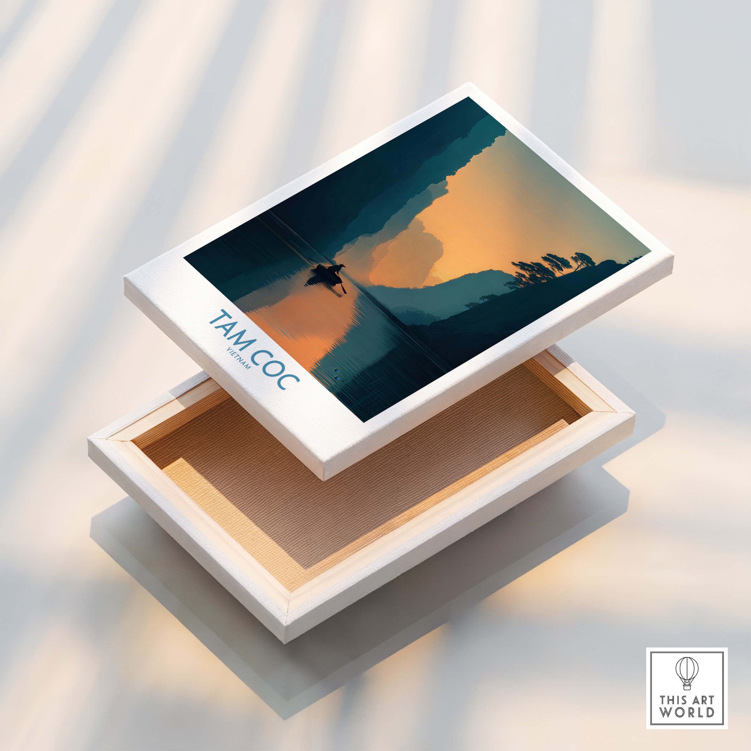 Tam Coc Vietnam Poster | Sunset Mountain Gorge Landscape Canvas Print in a decorative box showing the stunning artwork.