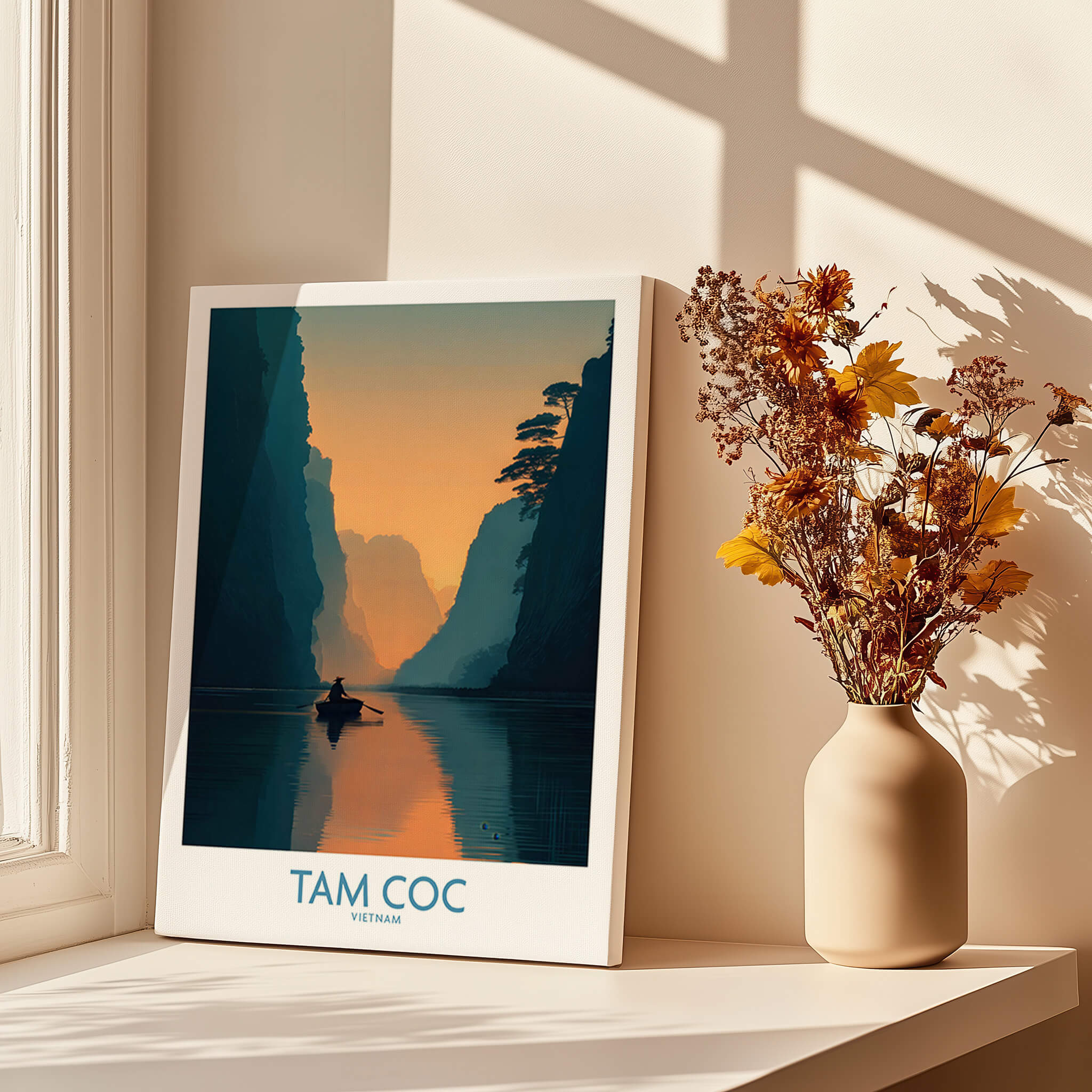 Tam Coc Vietnam Poster | Sunset Mountain Gorge Landscape Canvas Print showcasing a serene sunset over river and cliffs.