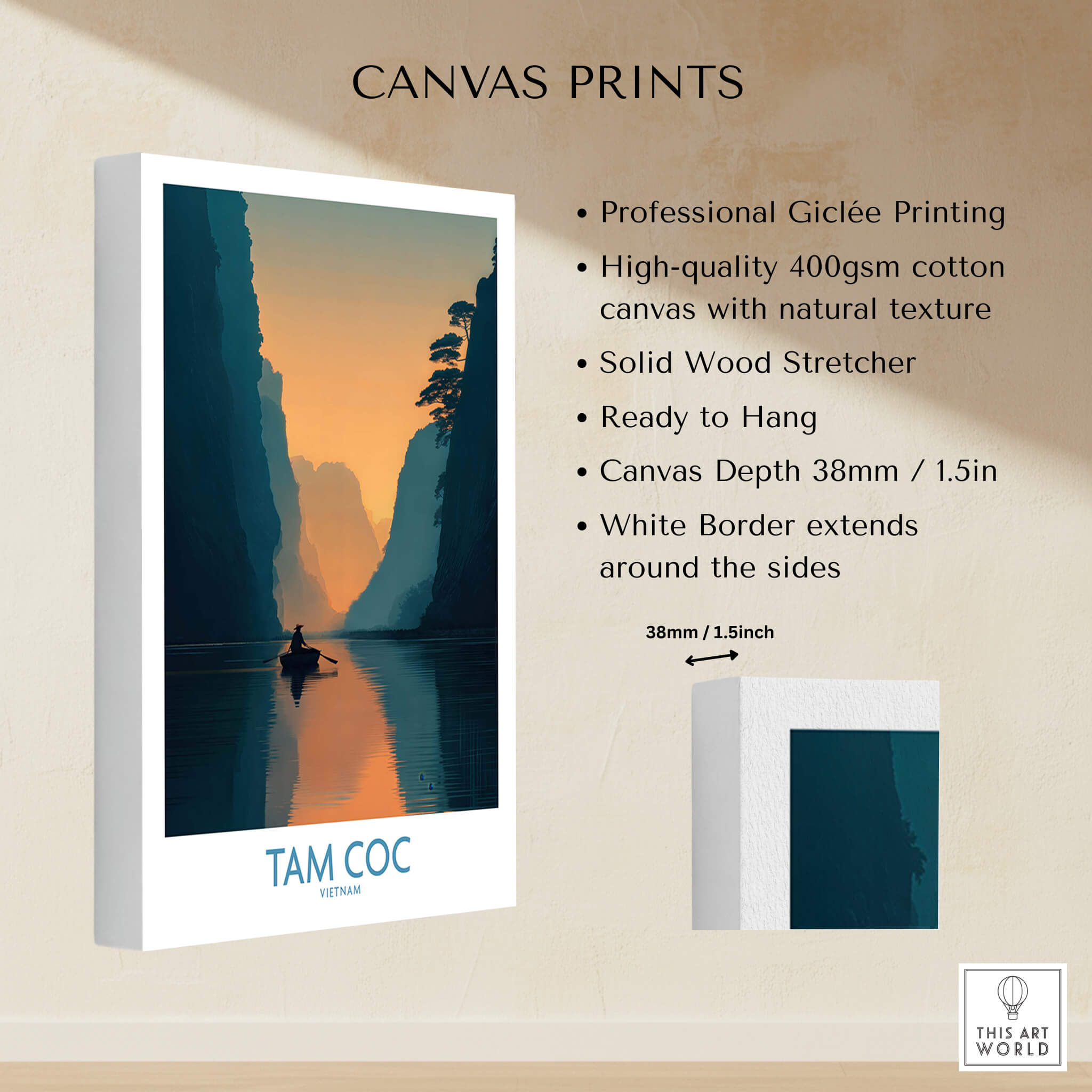 Tam Coc Vietnam Poster | Sunset Mountain Gorge Landscape Canvas Print showcasing a serene river and dramatic cliffs at sunset.