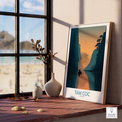 Tam Coc Vietnam Poster | Sunset Mountain Gorge Landscape Canvas Print displayed in a cozy interior setting.