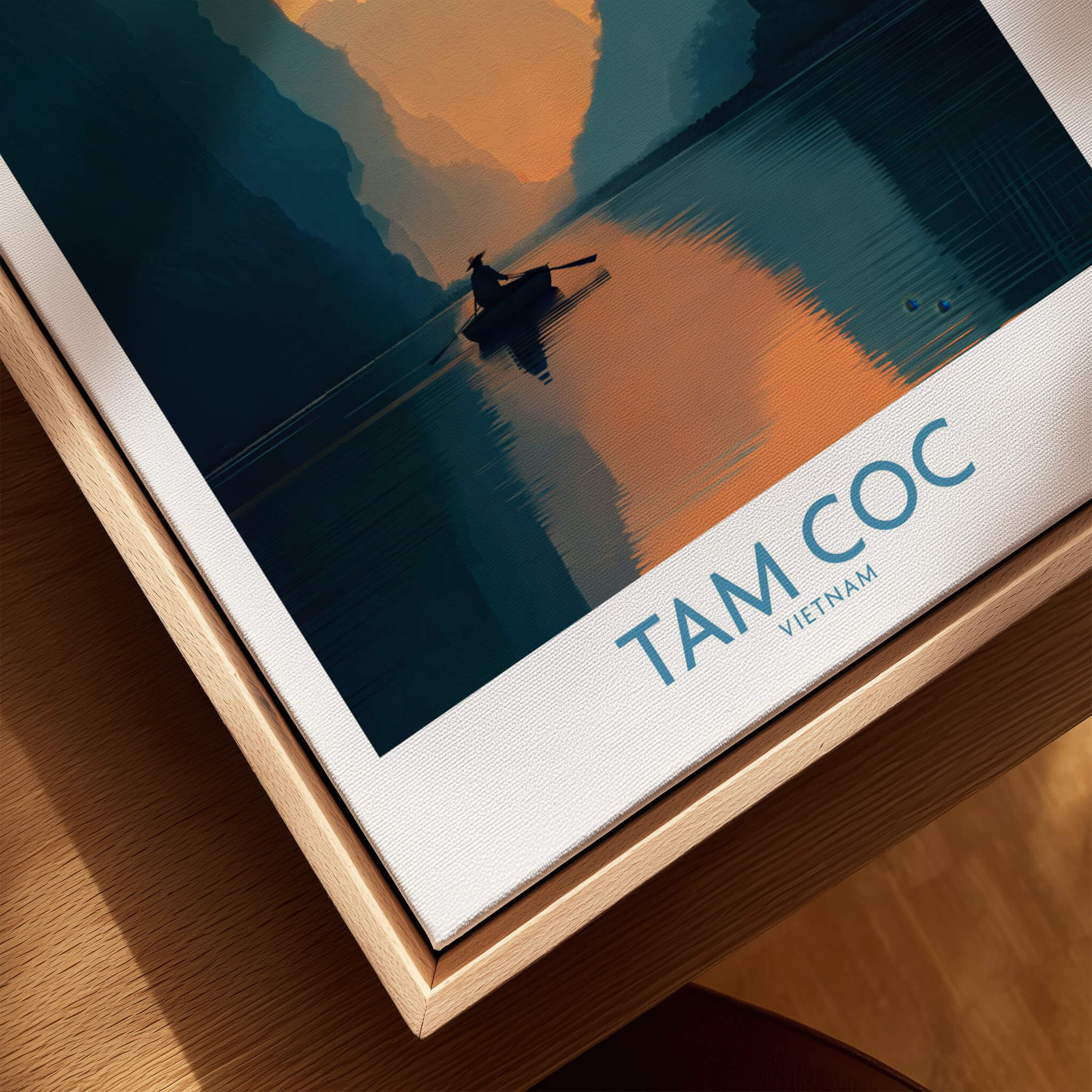 Tam Coc Vietnam Poster | Sunset Mountain Gorge Landscape Canvas Print displayed in natural wood frame.