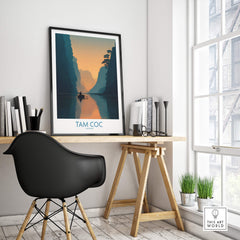 Tam Coc Vietnam Poster | Sunset Mountain Gorge Landscape Canvas Print in modern office setting with desk and chair.
