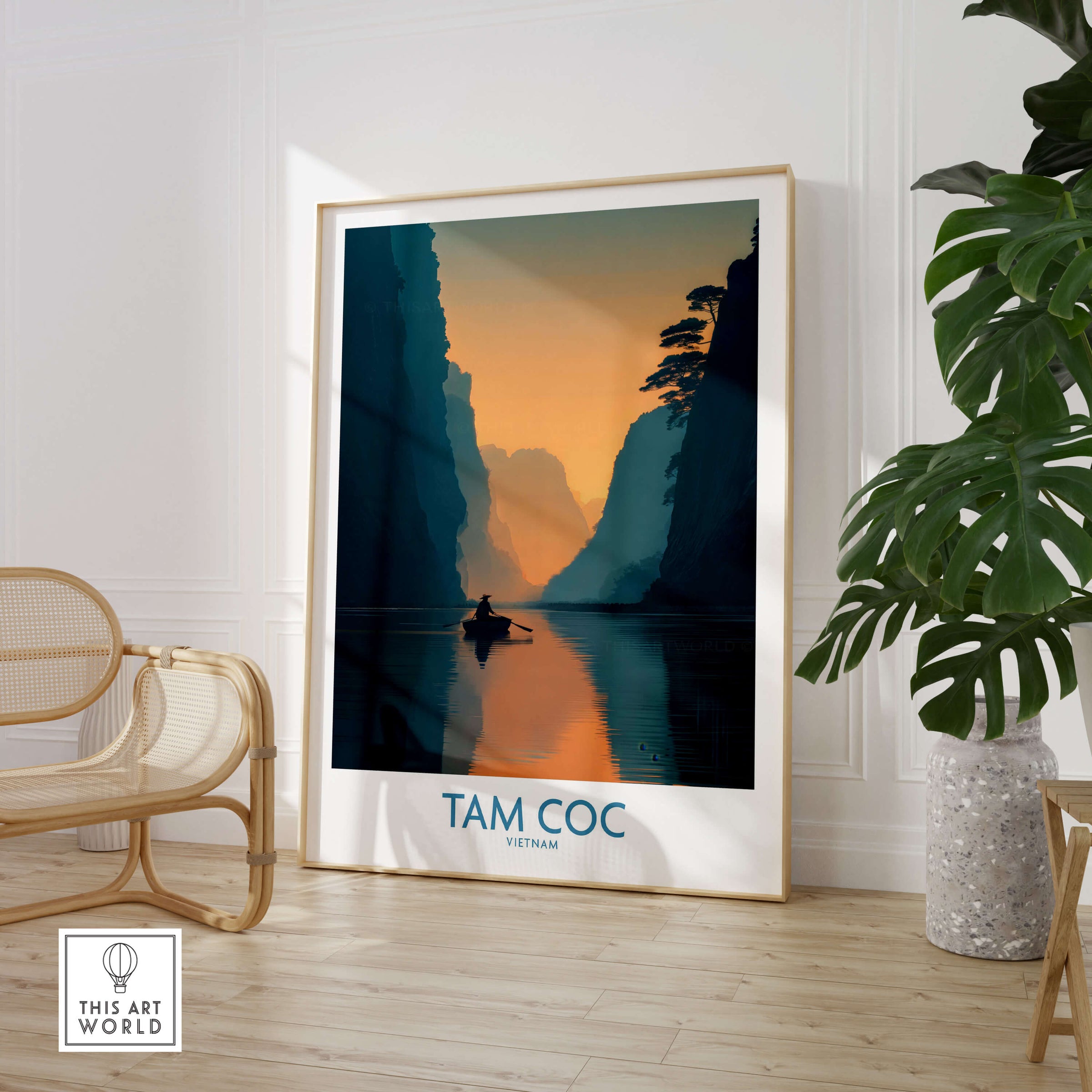 Tam Coc Vietnam Poster | Sunset Mountain Gorge Landscape Canvas Print featuring dramatic gorges and serene water reflections.