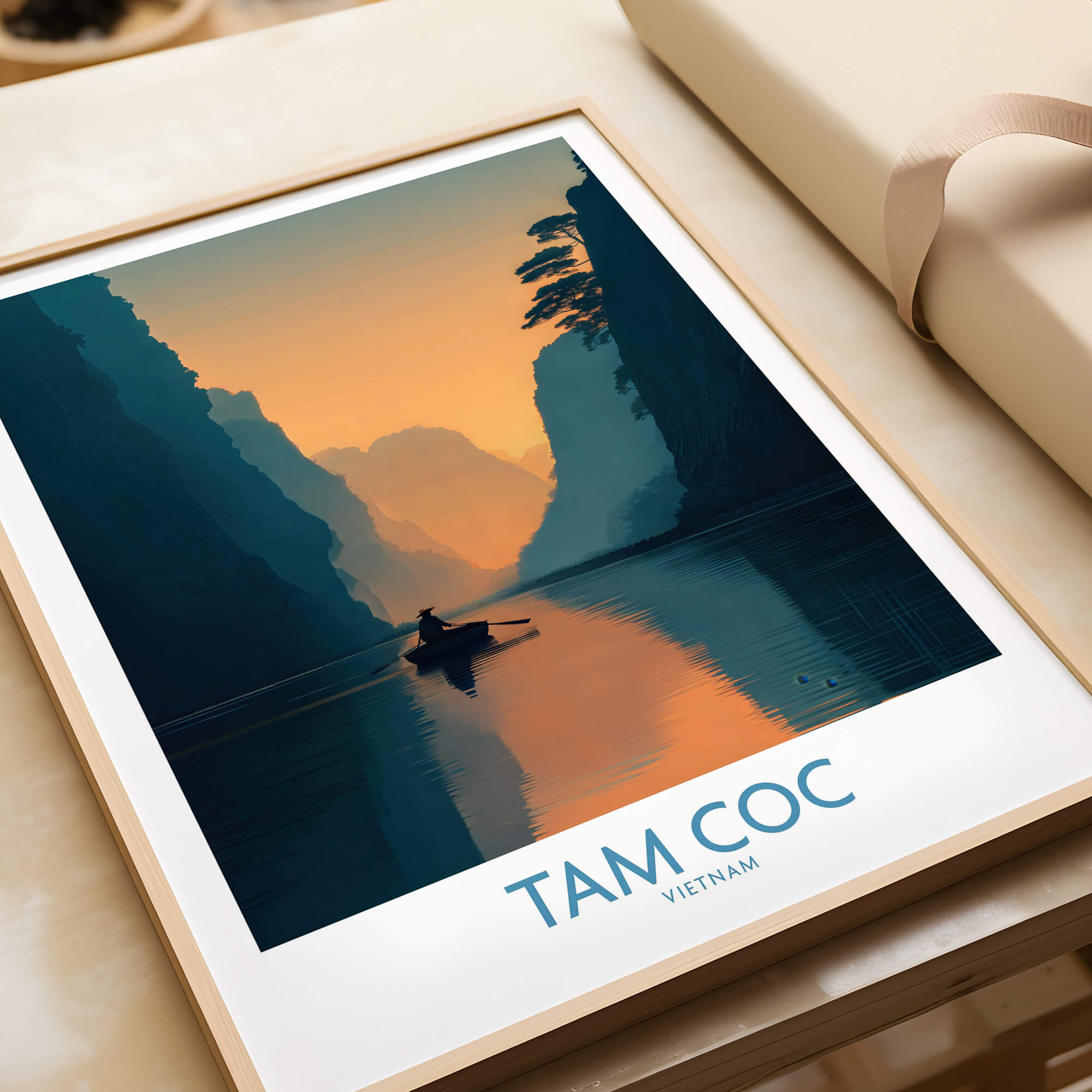 Tam Coc Vietnam Poster | Sunset Mountain Gorge Landscape Canvas Print showcasing a serene sunset view with a rowing boat.
