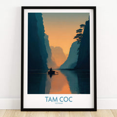 Tam Coc Vietnam Poster | Sunset Mountain Gorge Landscape Canvas Print showcasing a serene boat scene at dusk.