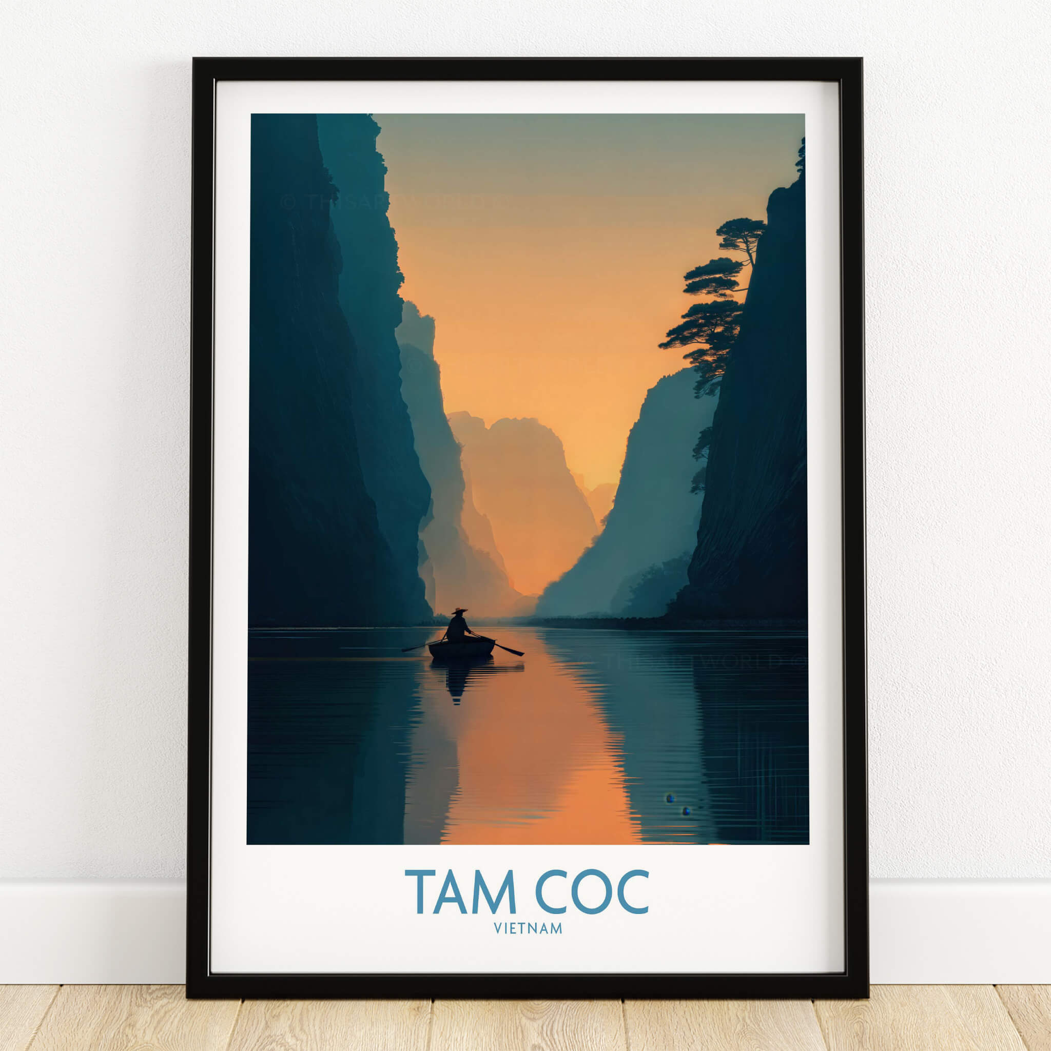 Tam Coc Vietnam Poster | Sunset Mountain Gorge Landscape Canvas Print showcasing a serene boat scene at dusk.