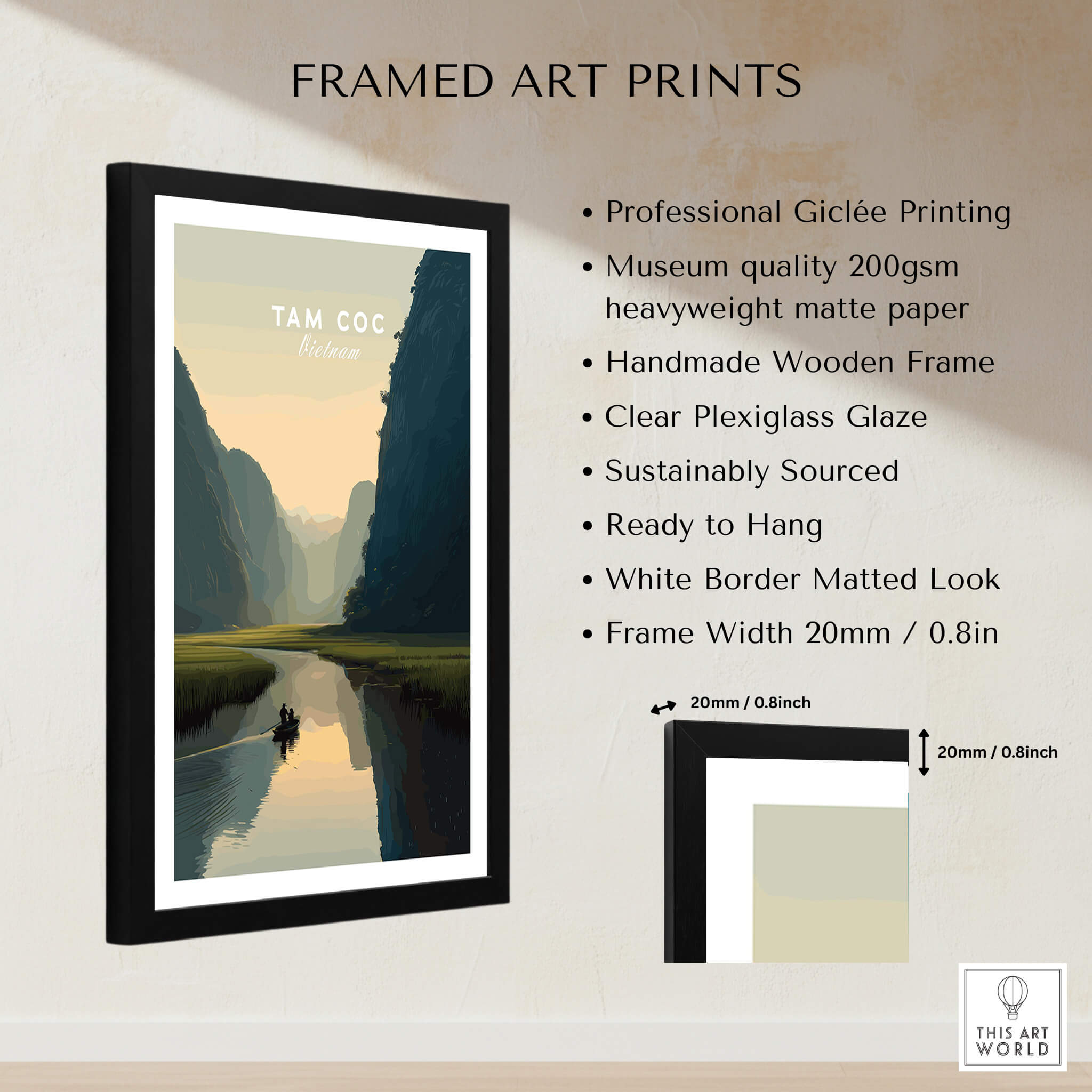 Tam Coc Vietnam Travel Poster | Limestone Karst River Wall Art Print framed art print with museum quality details.