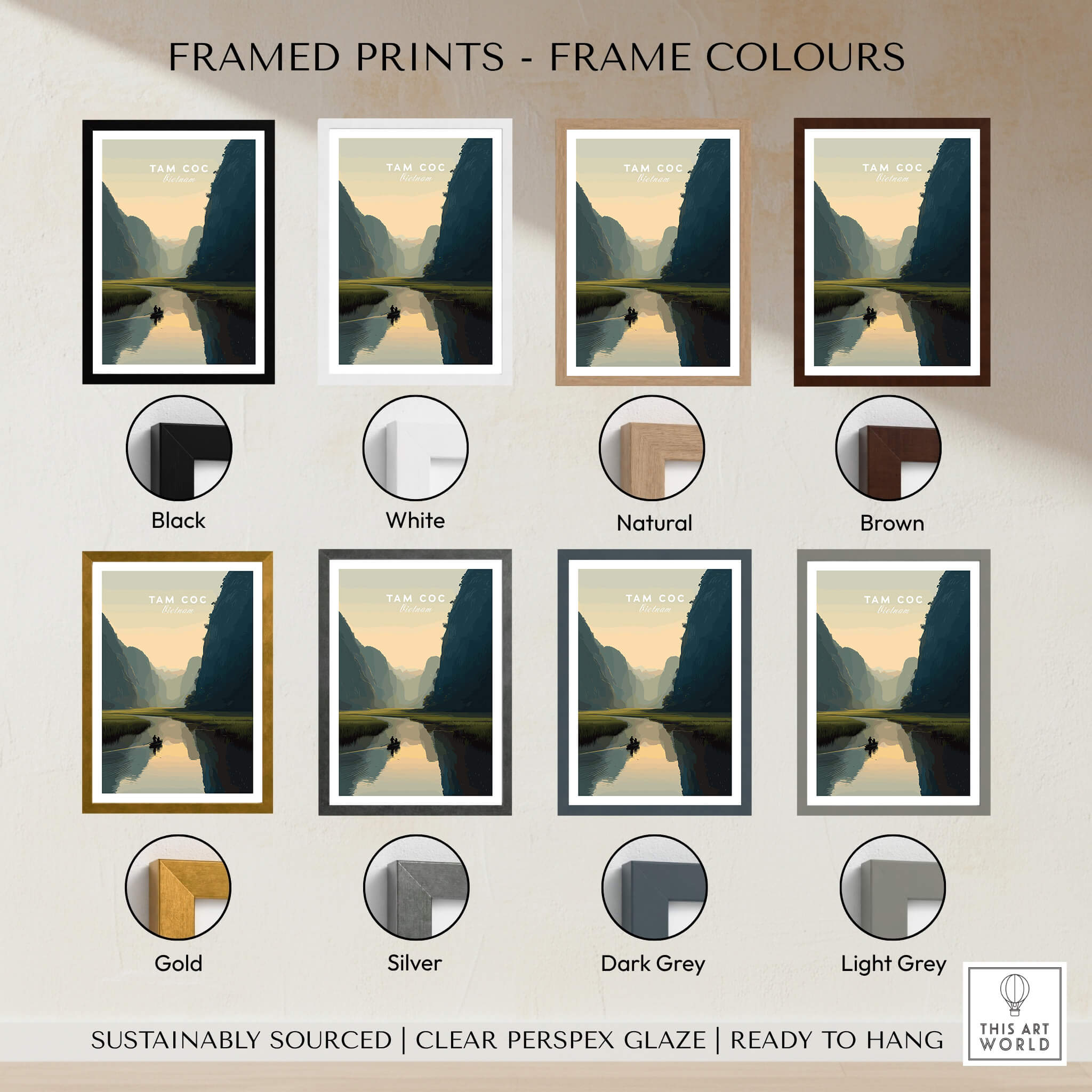 Framed prints showcasing Tam Coc Vietnam Travel Poster | Limestone Karst River Wall Art Print in various frame colors.