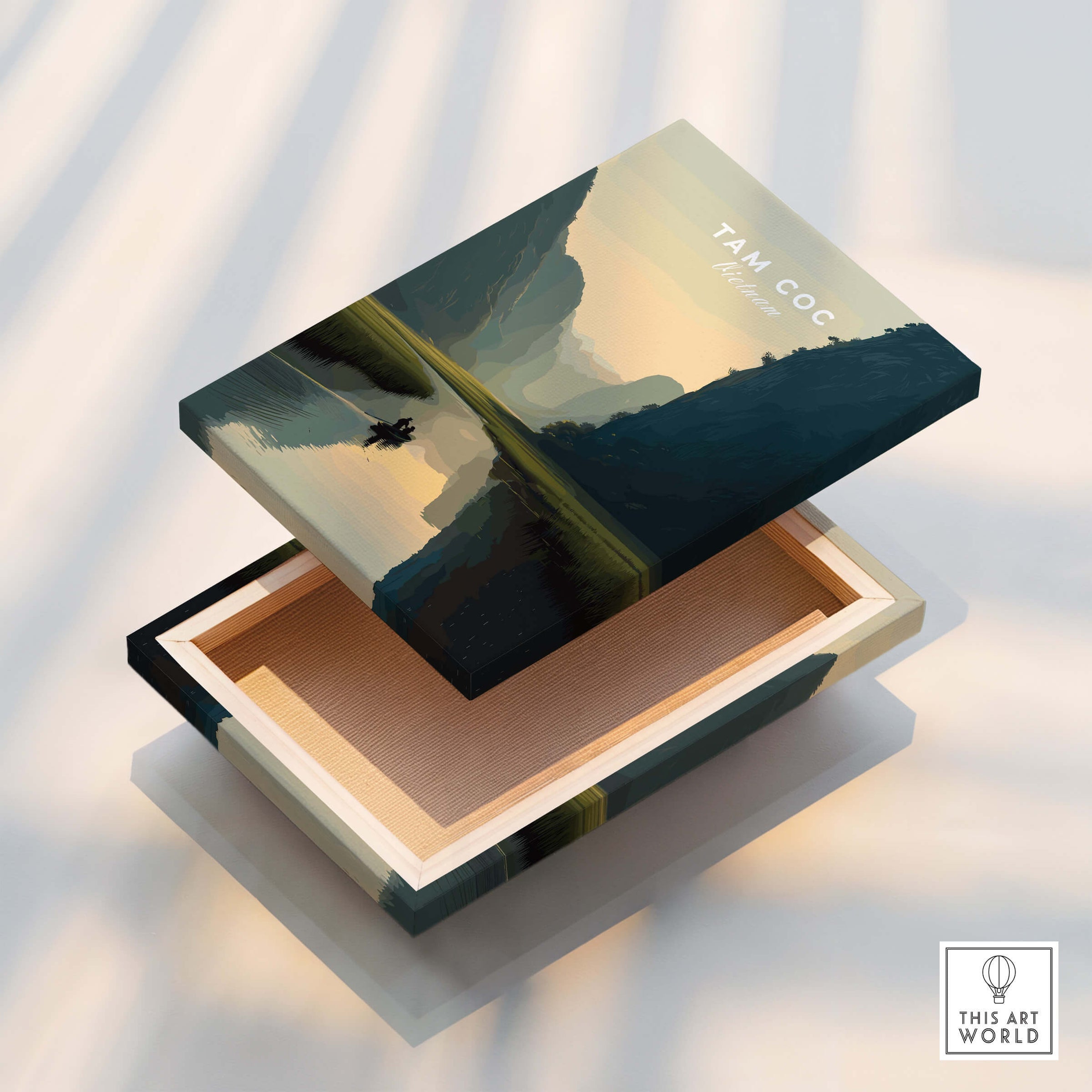 Tam Coc Vietnam Travel Poster | Limestone Karst River Wall Art Print on a decorative wooden box.