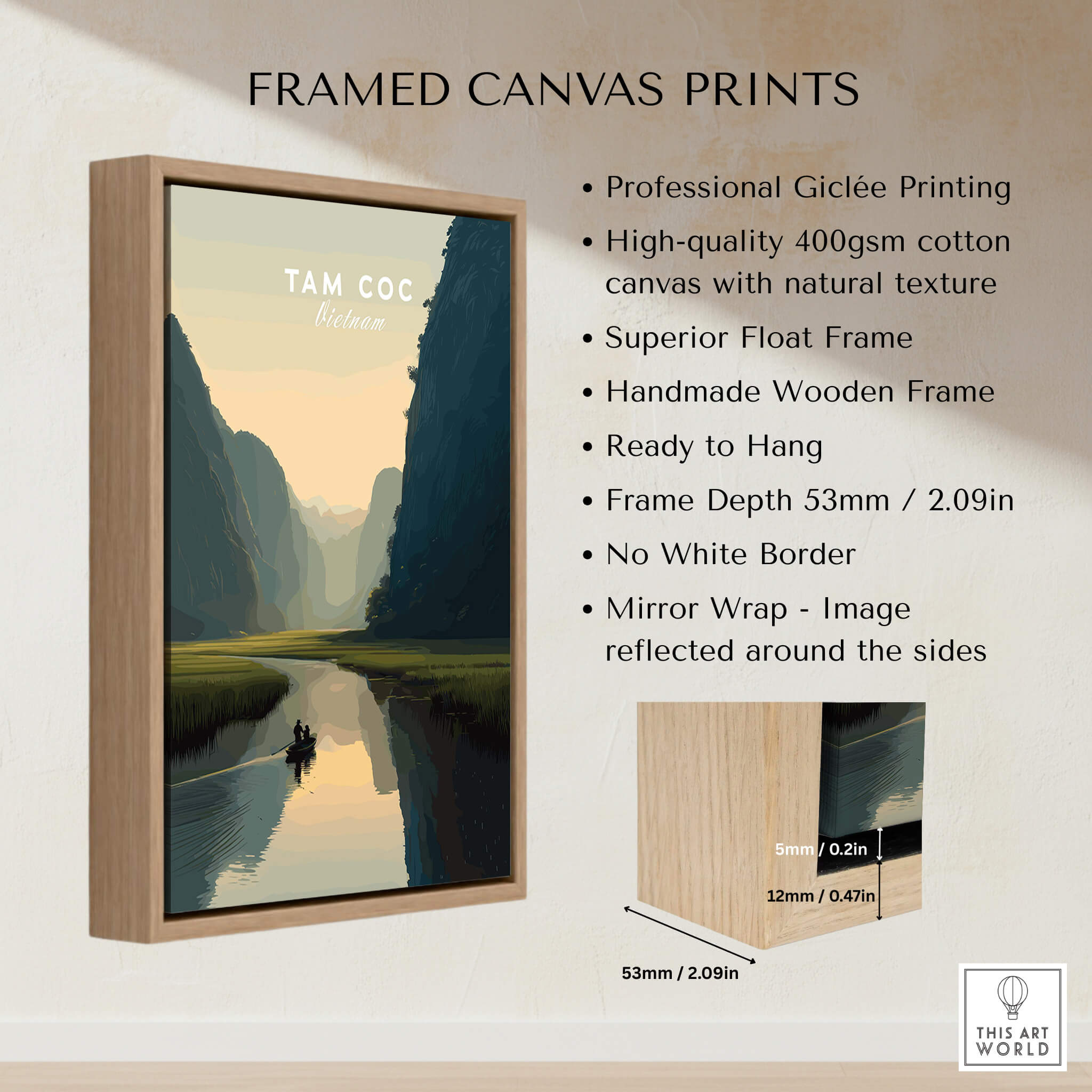 Tam Coc Vietnam Travel Poster | Limestone Karst River Wall Art Print framed canvas print showcasing serene river landscape.