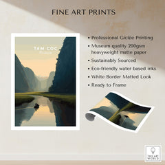 Tam Coc Vietnam Travel Poster | Limestone Karst River Wall Art Print featuring serene waterways and dramatic limestone landscape.