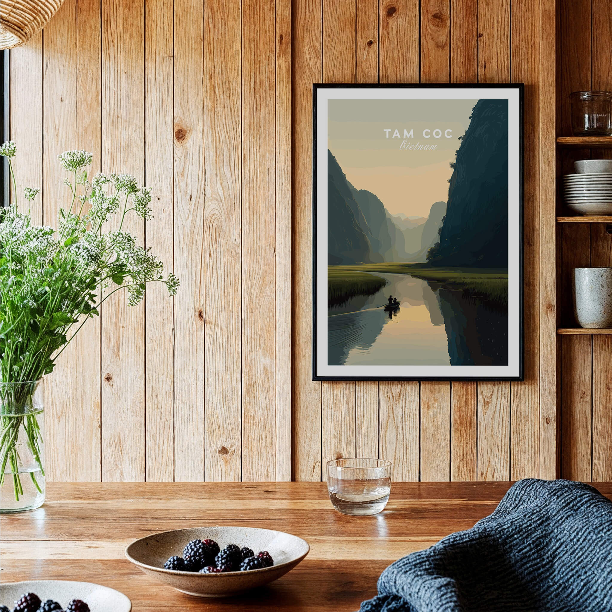 Tam Coc Vietnam Travel Poster | Limestone Karst River Wall Art Print featuring serene waterways and limestone landscapes.