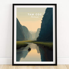 Tam Coc Vietnam Travel Poster | Limestone Karst River Wall Art Print featuring serene river and dramatic scenery.