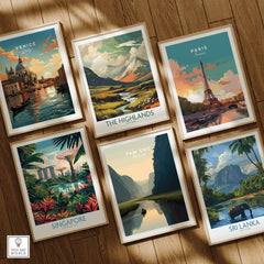 Tam Coc Vietnam Travel Poster | Limestone Karst River Wall Art Print displayed among other travel posters.