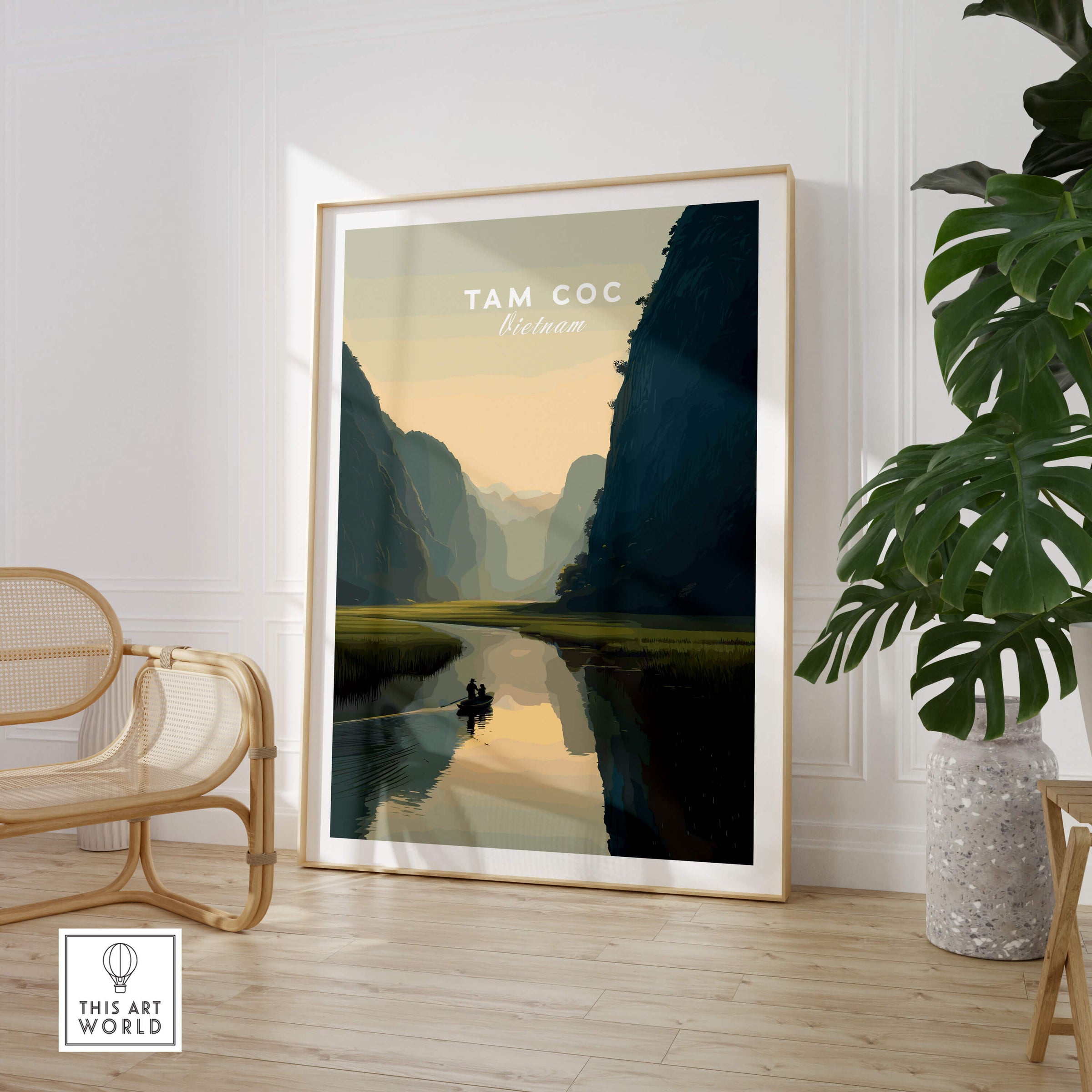 Tam Coc Vietnam Travel Poster | Limestone Karst River Wall Art Print featuring serene waters and towering limestone karsts.