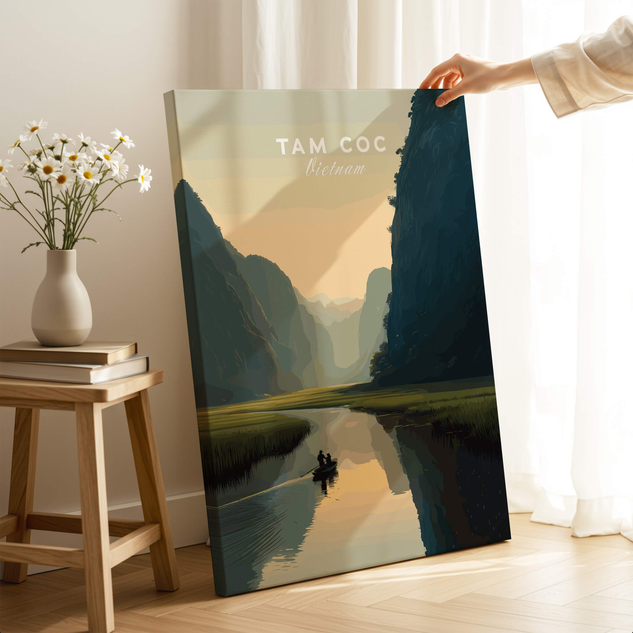 Tam Coc Vietnam Travel Poster | Limestone Karst River Wall Art Print showing serene landscape and waterways.