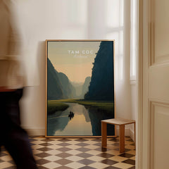 Tam Coc Vietnam Travel Poster | Limestone Karst River Wall Art Print showcasing serene waterways and dramatic limestone scenery.
