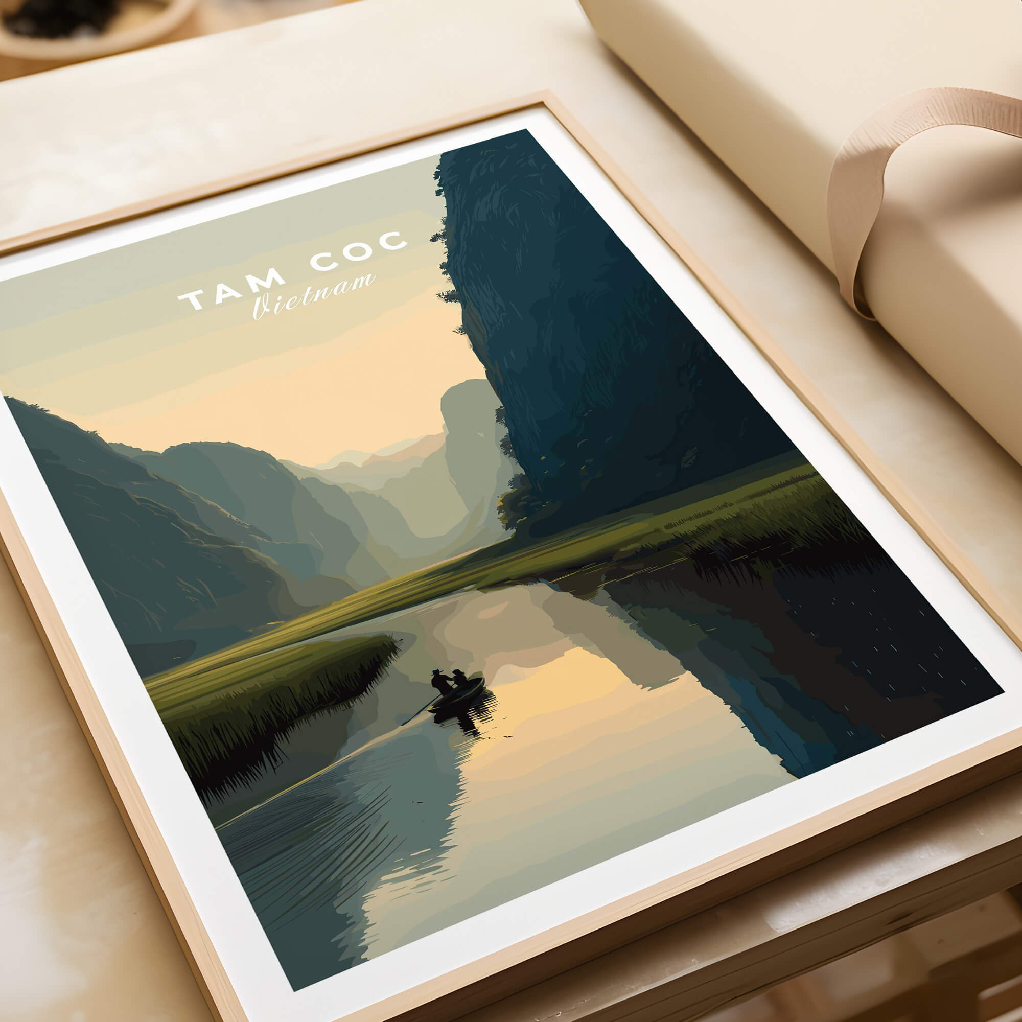 Tam Coc Vietnam Travel Poster | Limestone Karst River Wall Art Print showcasing a serene landscape with dramatic limestone features.