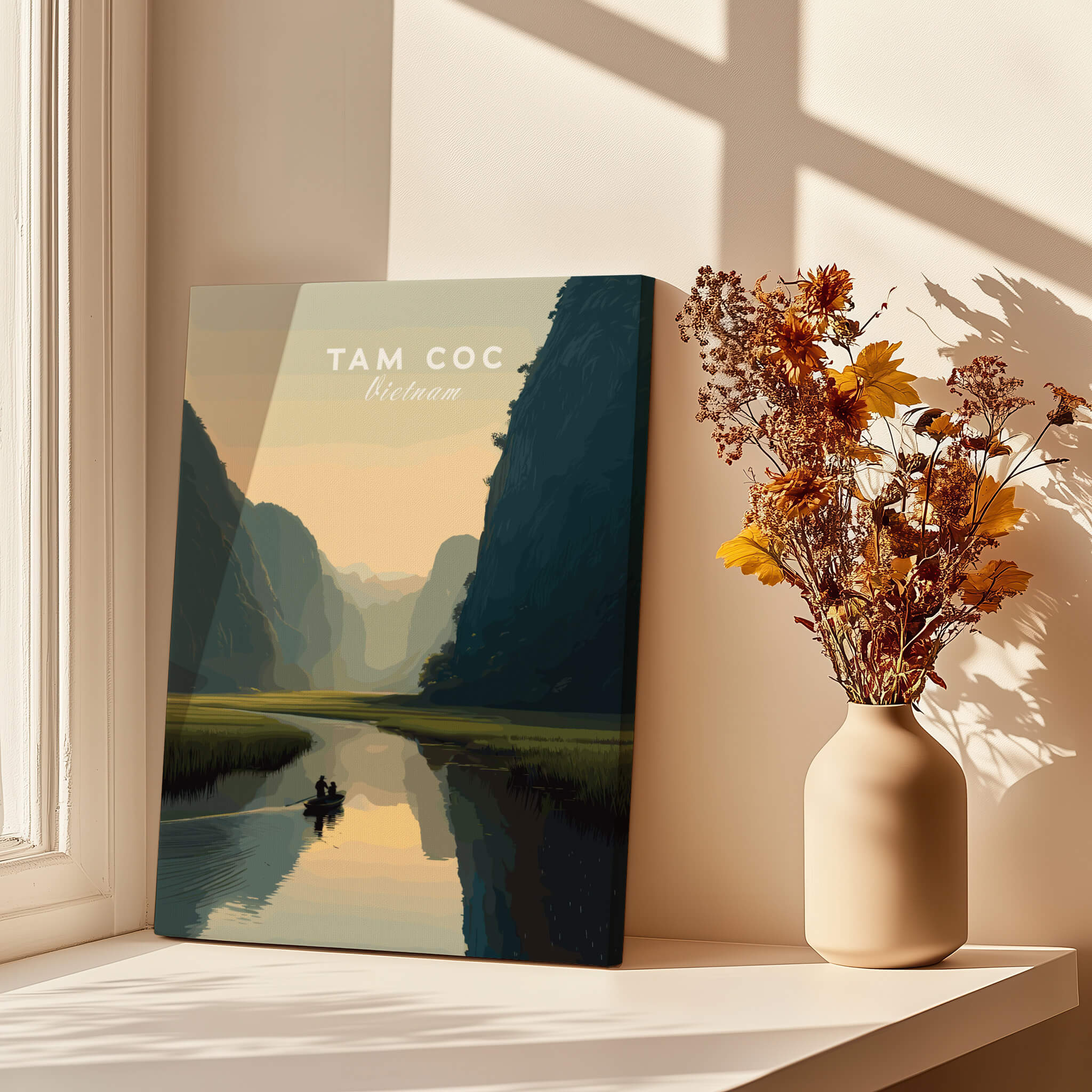 Tam Coc Vietnam Travel Poster | Limestone Karst River Wall Art Print featuring serene river and limestone landscape.