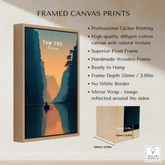 Tam Coc Vietnam Wall Art Print | River Valley Travel Poster on a framed canvas, showcasing serene landscapes and vibrant colors.