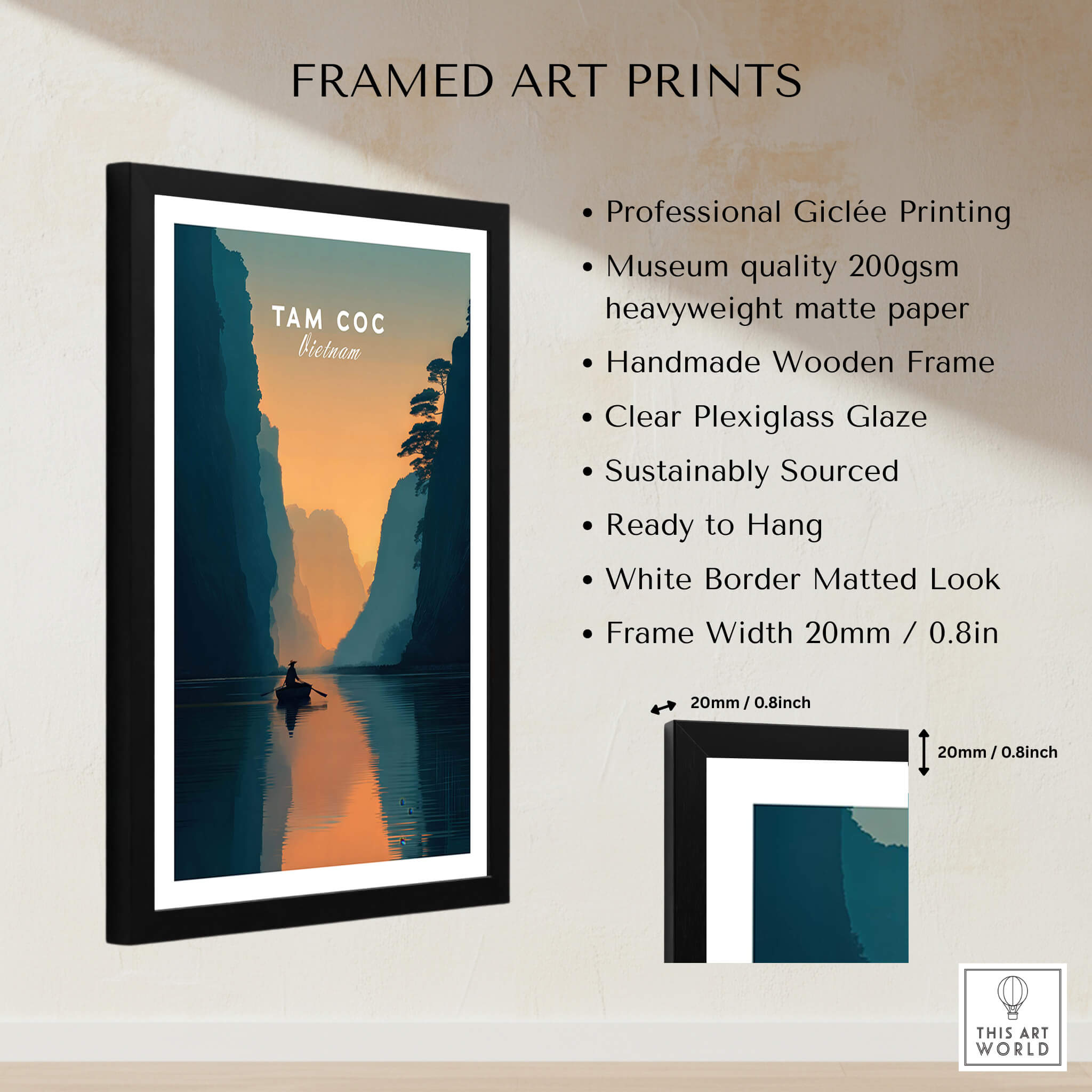 Tam Coc Vietnam Wall Art Print | River Valley Travel Poster - Framed print featuring serene river valley landscape.