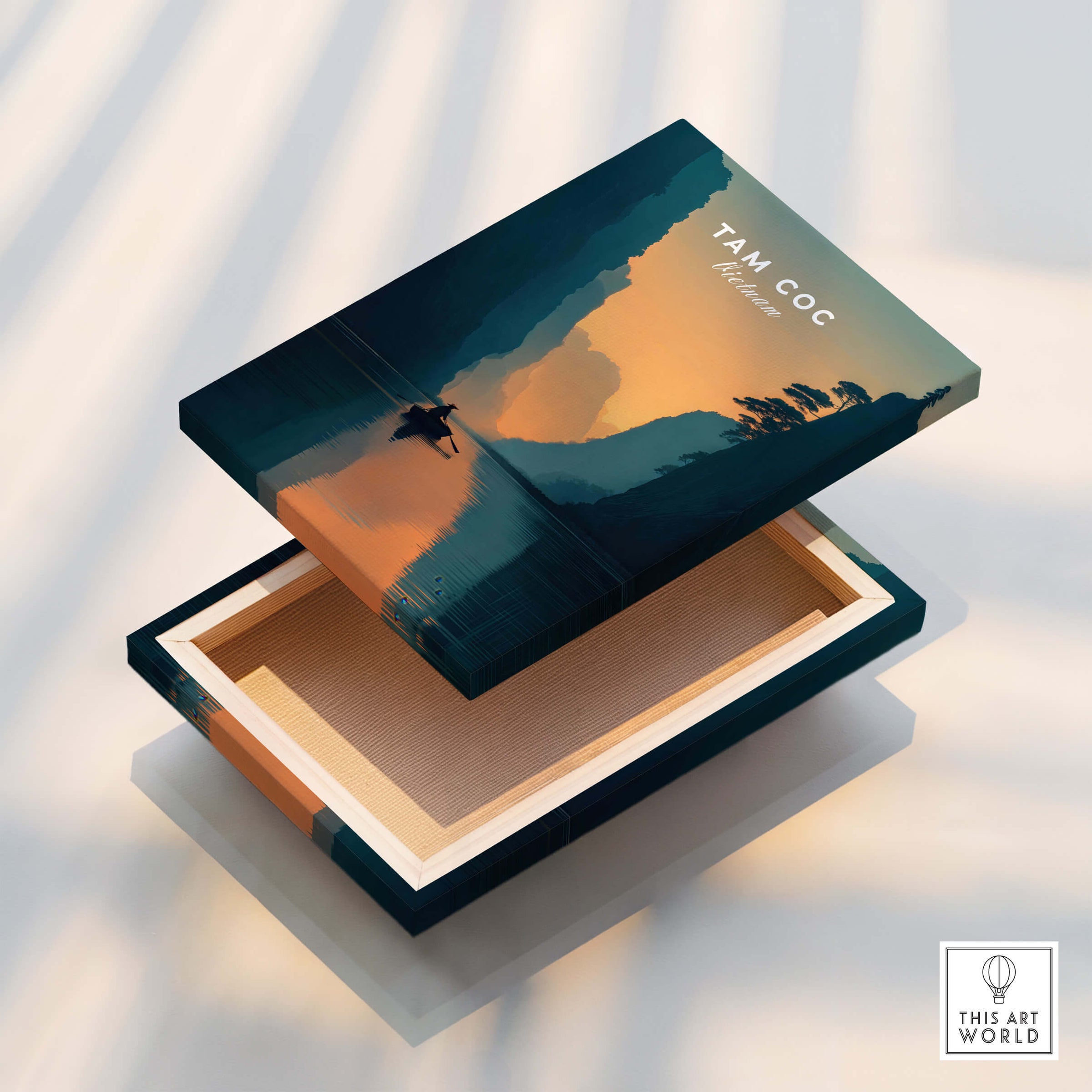 Tam Coc Vietnam Wall Art Print | River Valley Travel Poster showcasing a scenic river valley in warm sunset colors.