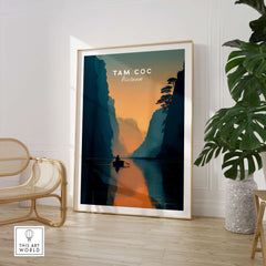 Tam Coc Vietnam Wall Art Print | River Valley Travel Poster featuring serene river valley at sunset.