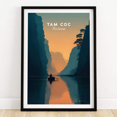 Tam Coc Vietnam Wall Art Print | River Valley Travel Poster, serene landscape with limestone peaks and sunset reflections.