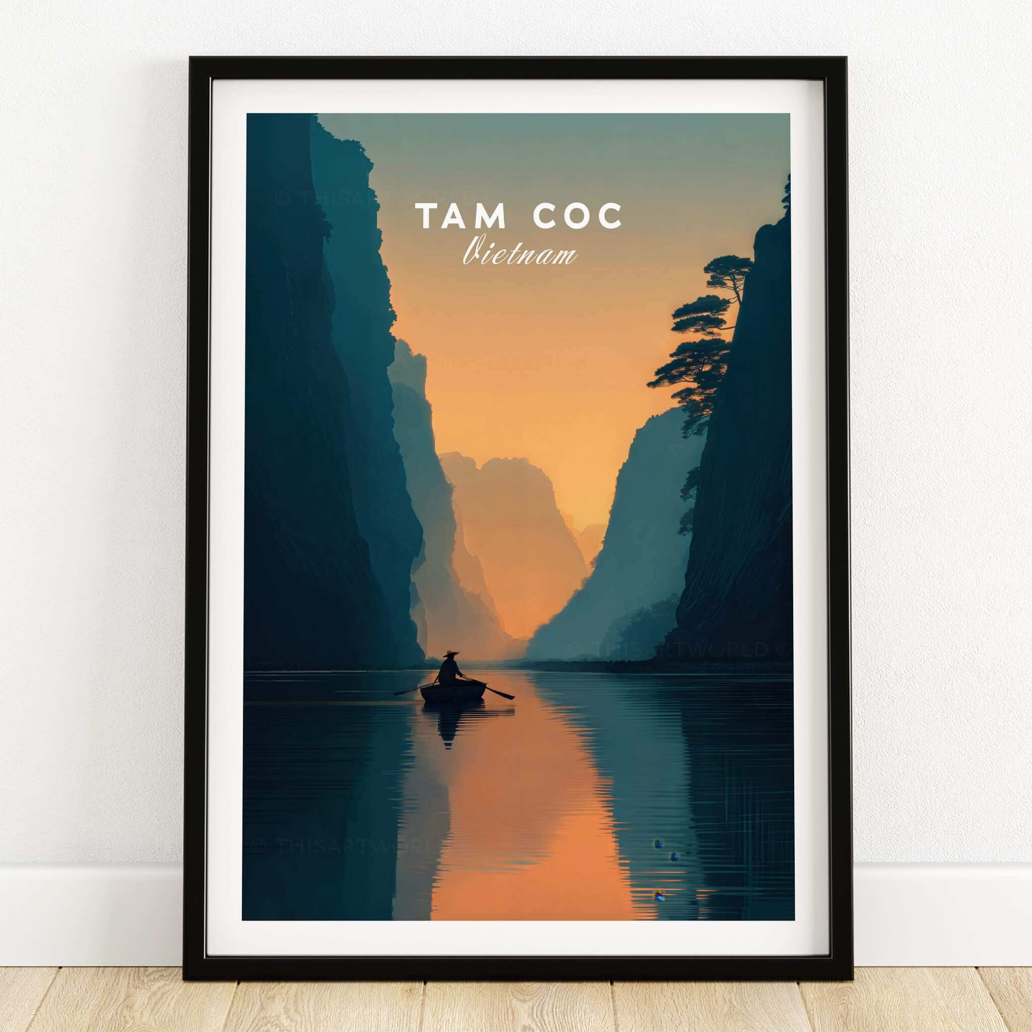 Tam Coc Vietnam Wall Art Print | River Valley Travel Poster, serene landscape with limestone peaks and sunset reflections.