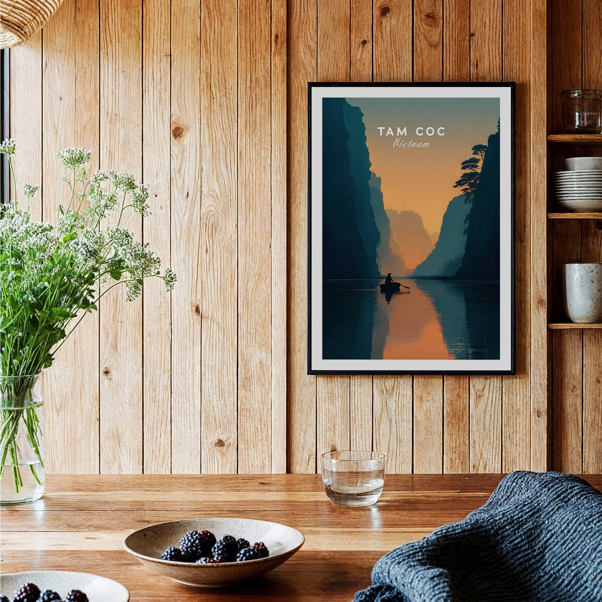 Tam Coc Vietnam Wall Art Print | River Valley Travel Poster showcasing a tranquil river valley and limestone peaks.