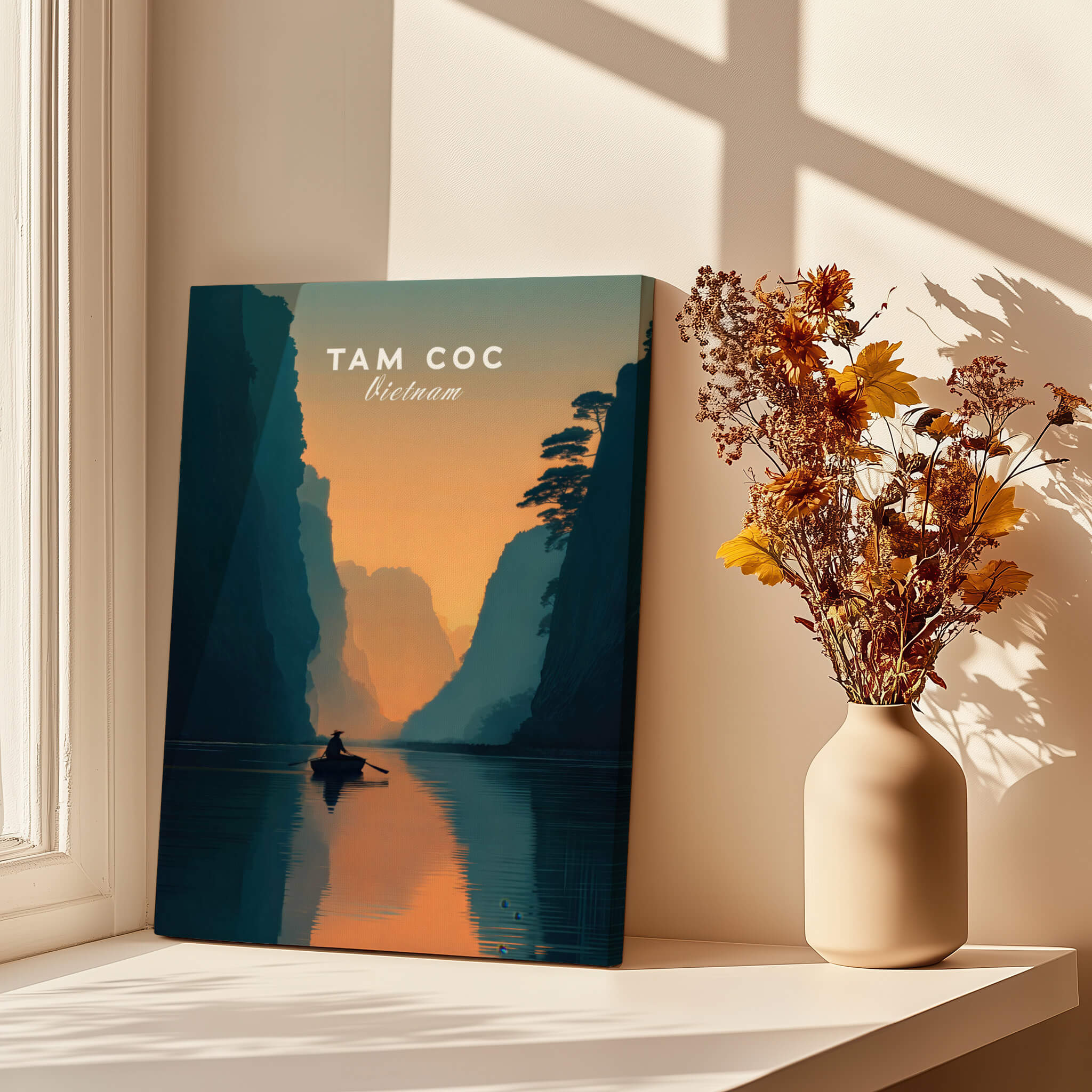 Tam Coc Vietnam Wall Art Print | River Valley Travel Poster showcasing serene river valley at sunset