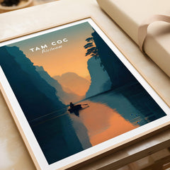 Tam Coc Vietnam Wall Art Print | River Valley Travel Poster featuring a serene river valley at sunset.