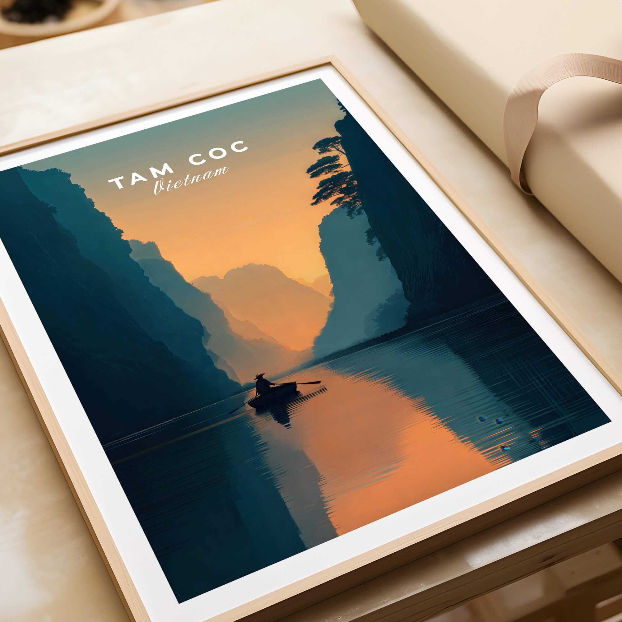Tam Coc Vietnam Wall Art Print | River Valley Travel Poster featuring a serene river valley at sunset.