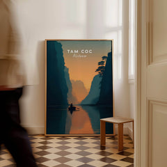Tam Coc Vietnam Wall Art Print | River Valley Travel Poster depicting serene river valley with limestone peaks at sunset.