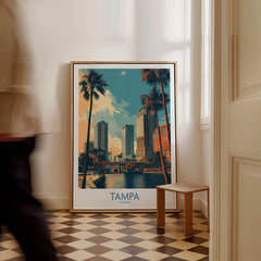 Tampa Florida Poster | City Waterfront Architecture Scene Canvas Print showcased in a bright room with modern decor.