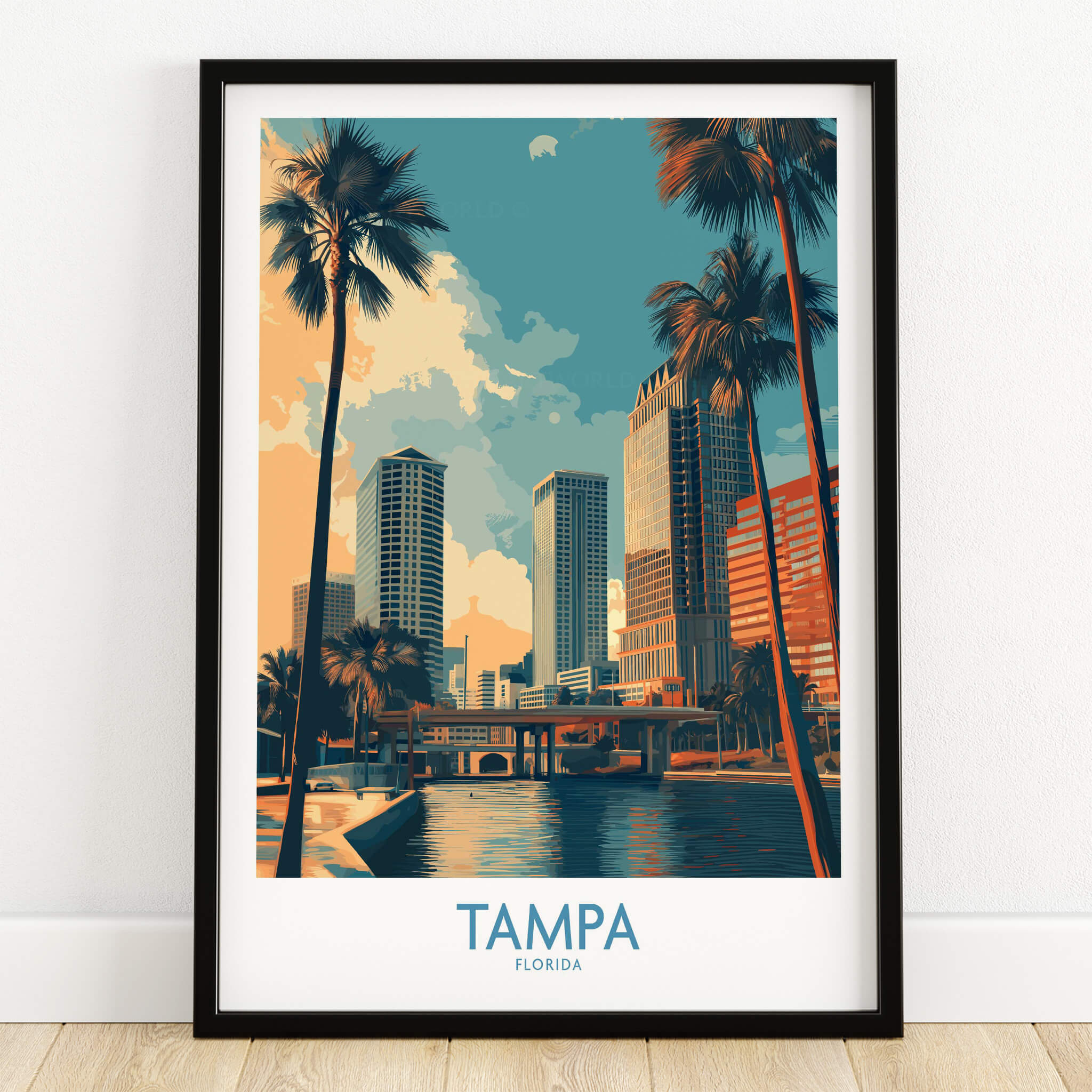 Tampa Florida Poster | City Waterfront Architecture Scene Canvas Print featuring urban skyline and palm trees.