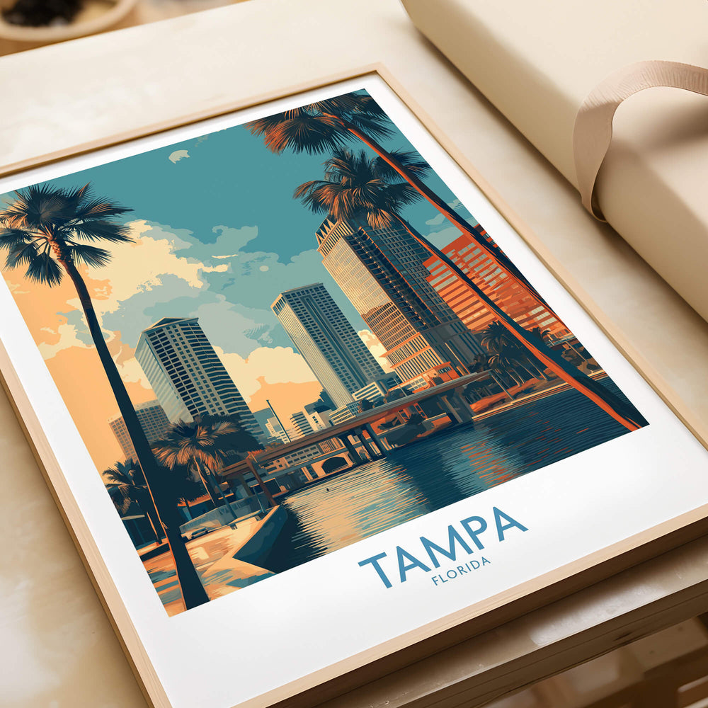 Tampa Florida Poster | City Waterfront Architecture Scene Canvas Print showcasing a vibrant waterfront view with modern buildings.
